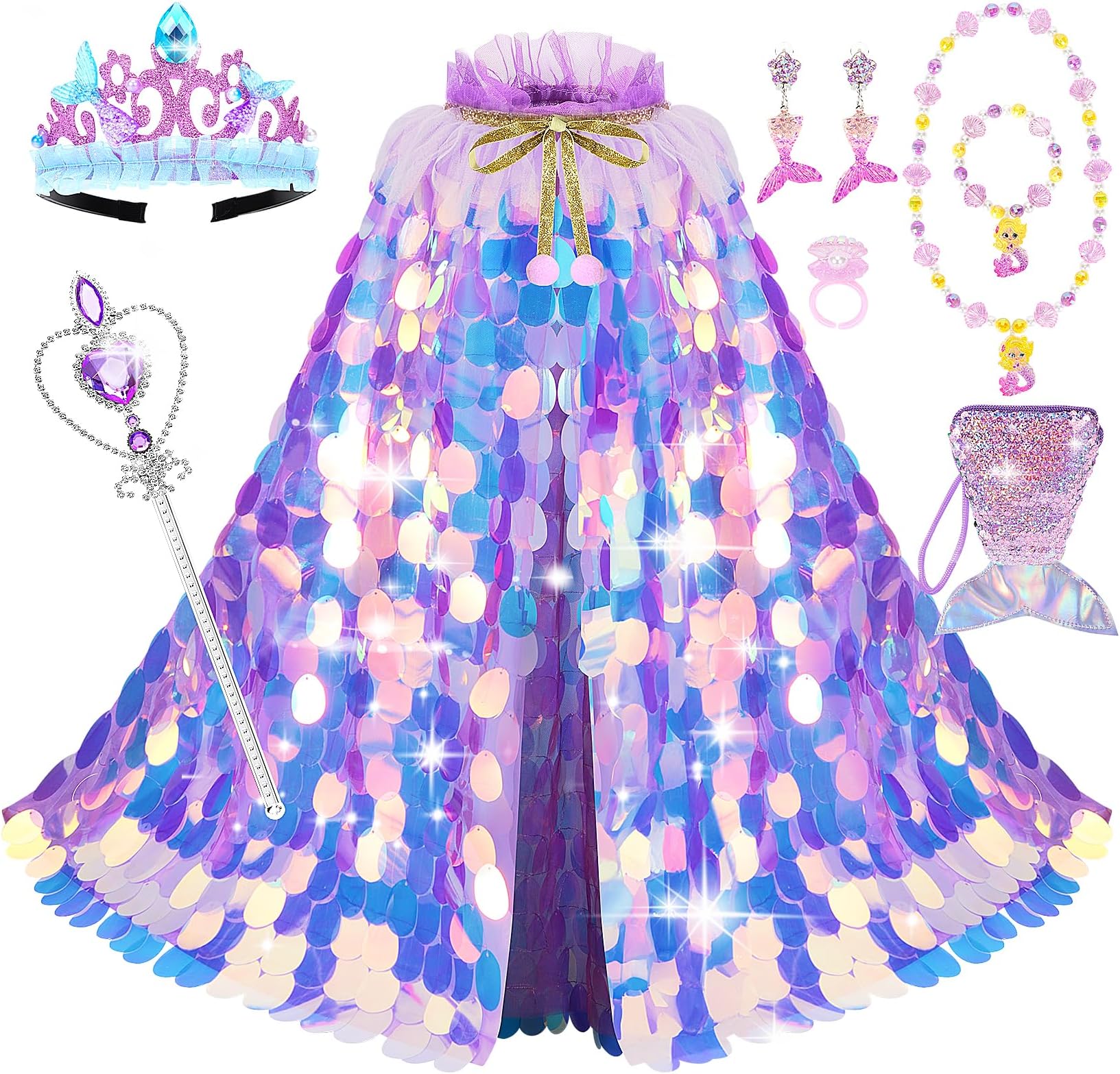 LIMIROLER Princess Dress Up Toys Princess Dress Up Clothes Rainbow Mermaid Cape Kit 9 Pcs Gift Set for Little Girls 3-8 Years