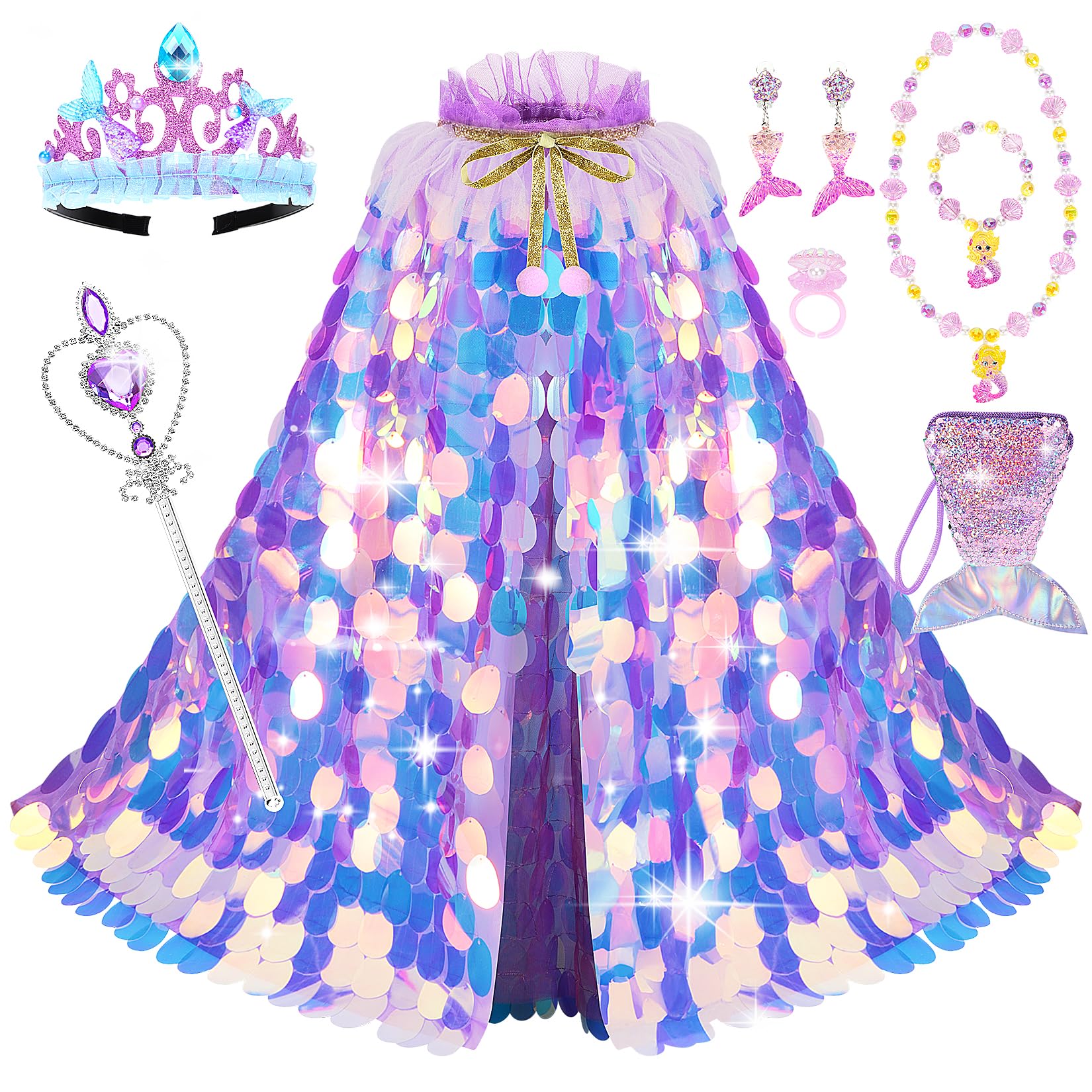 LIMIROLER Princess Dress Up Toys Princess Dress Up Clothes Rainbow Mermaid Cape Kit 9 Pcs Gift Set for Little Girls 3-8 Years Old, Great Gift Set for Birthday Christmas Halloween (Rainbow Purple)