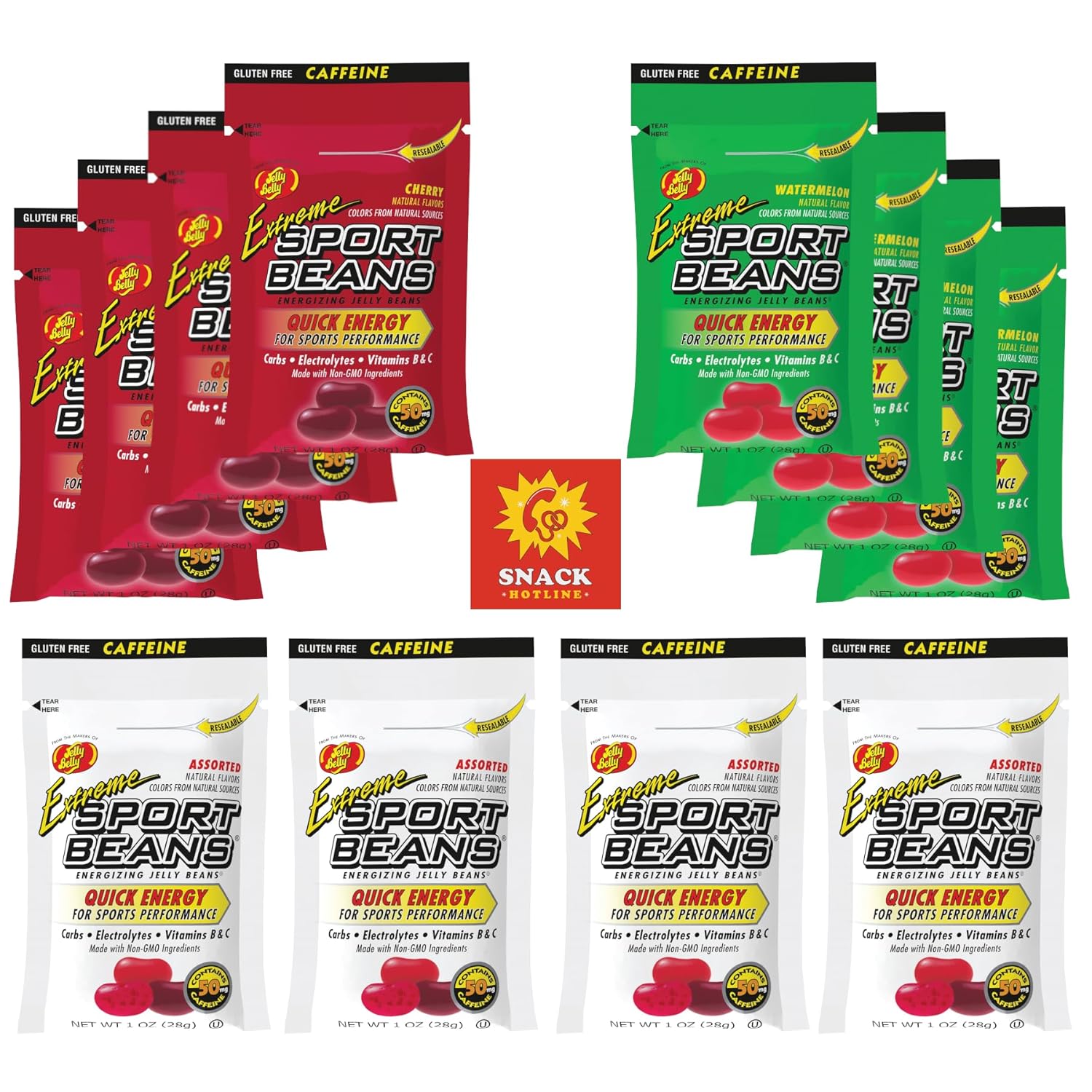 Jelly Belly Extreme Sports Jelly Beans with Caffeine - 12 Individual Packs of 3 Flavors: Assorted, Cherry and Watermelon; Fortified with Carbs, Electrolytes and Vitamins