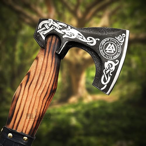 Miniatura 10 de AX-9897 Hacha hecha a mano personalizada Viking Barbudo Cabeza Camping Tomahawk Herramienta Hacha de batalla con funda Negro
