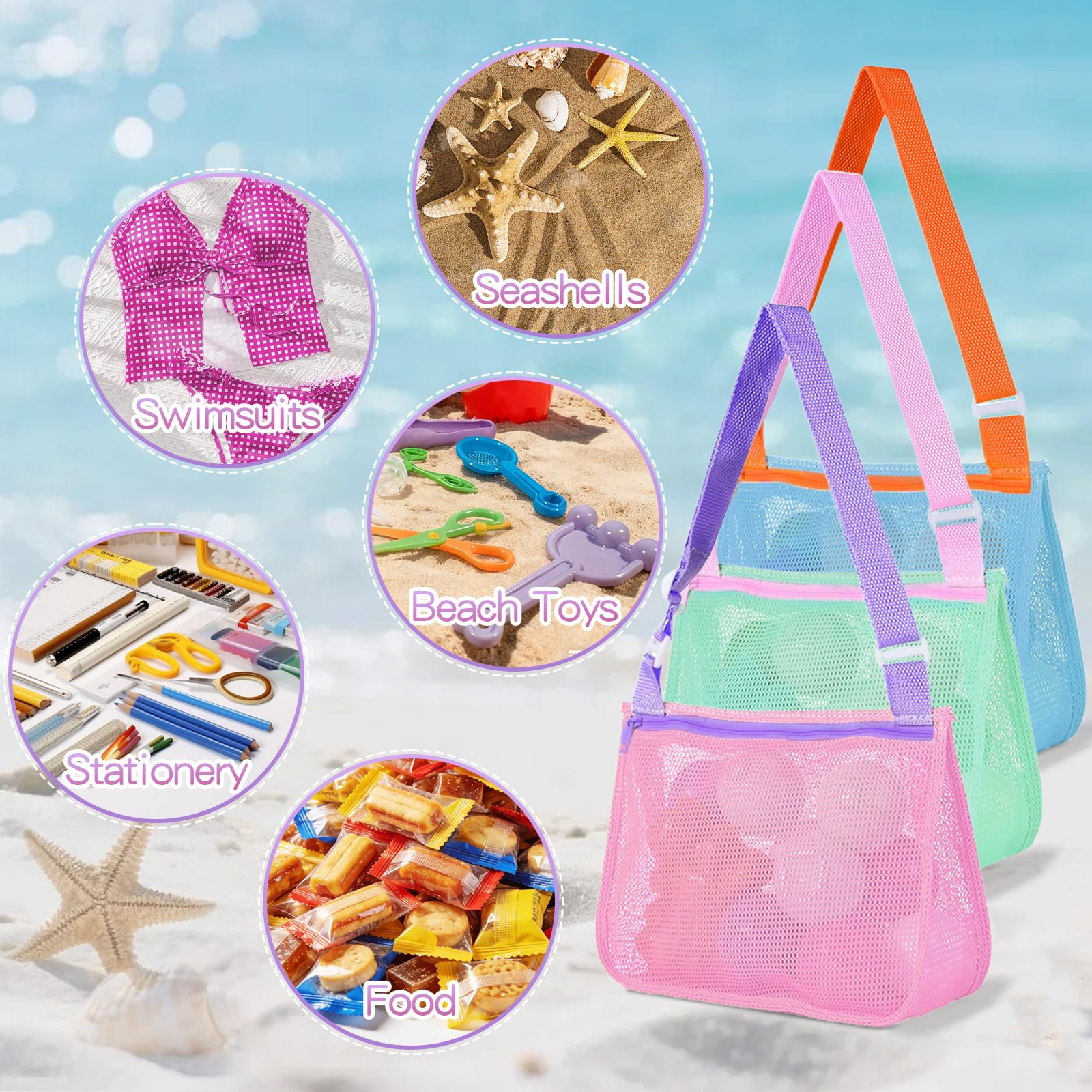 3 Piezas Bolsa de Malla para Juguetes de Playa, Bolsa Juguetes Playa Niños, Bolsas de Recogida de Conchas, Bolsas de Playas Plegable para Piscina, Camping, Viajes (A)