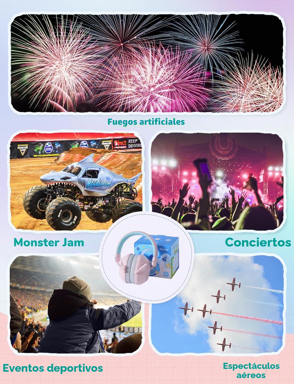 iClever Audífonos con cancelación de ruido para niños, 26 dB NRR de seguridad, reducción, orejeras autismo, ayuda sensorial y concentración, protección auditiva fuegos