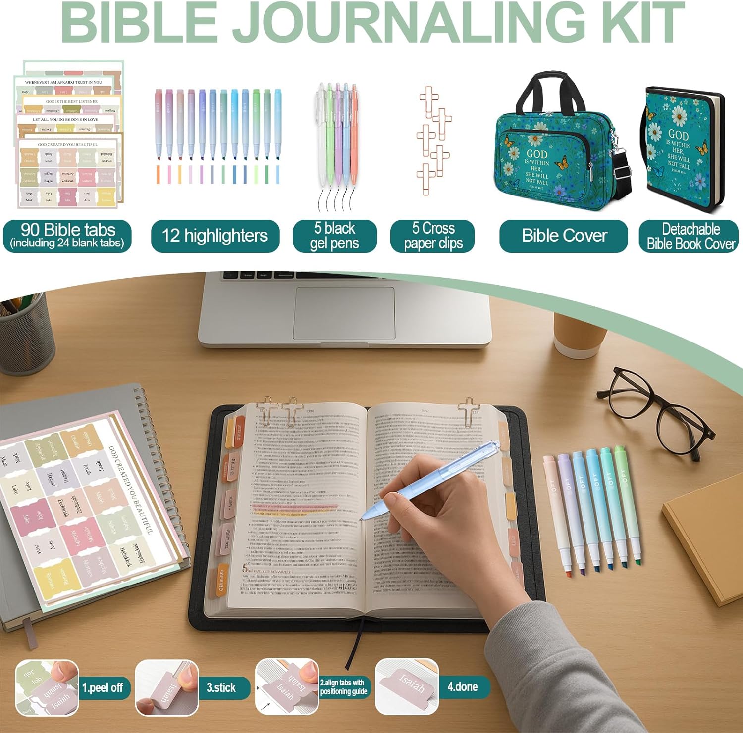 Daisy Bible Cover Case for Women, Vintage Floral Large Bible Bag Carrying Case, Bible Study Supplies Bible Journaling Kit Book Carrying Case with Bible Highlighters Tabs Pens Cross Clips