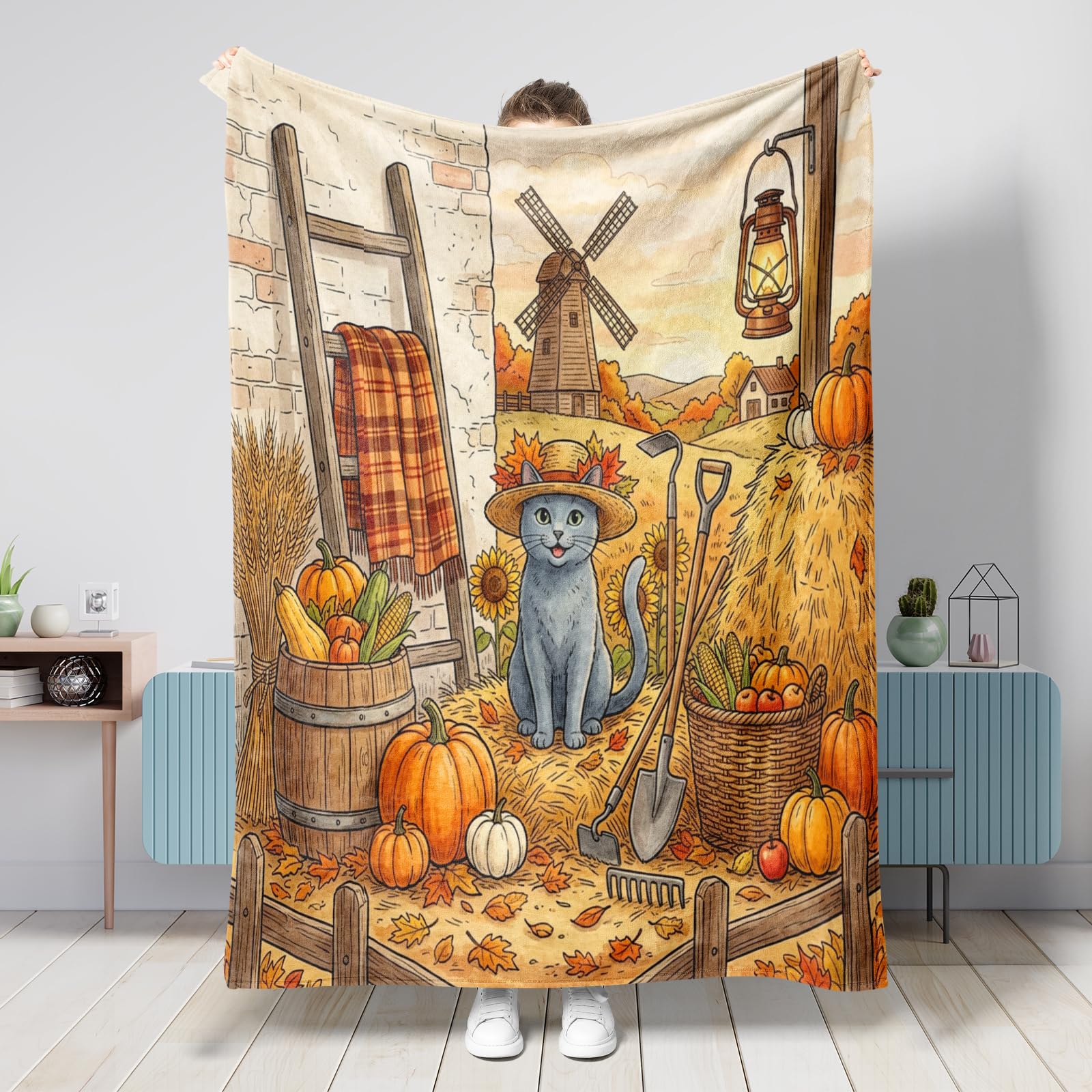 Plaid automne chat bleu russe style ferme pour des nuits douces