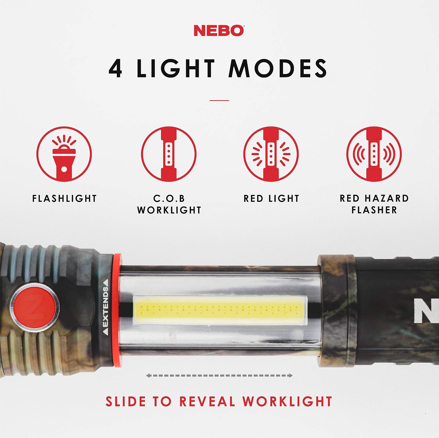400-Lumen Handheld Work Light Flashlight: Chip on Board (COB) Technology; Red Light Mode and Red Flashing Light Mode; 4x Adjustable Zoom with Magnetic Base - NEBO Slyde+ 400 Camo – 6797