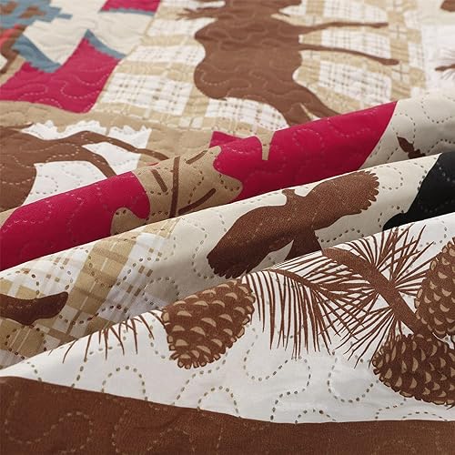 Miniatura 6 de Juego de edredón rústico tamaño matrimonialqueen (90 x 90 pulgadas), colcha ligera reversible, colcha reversible con diseño de ciervos y osos, funda