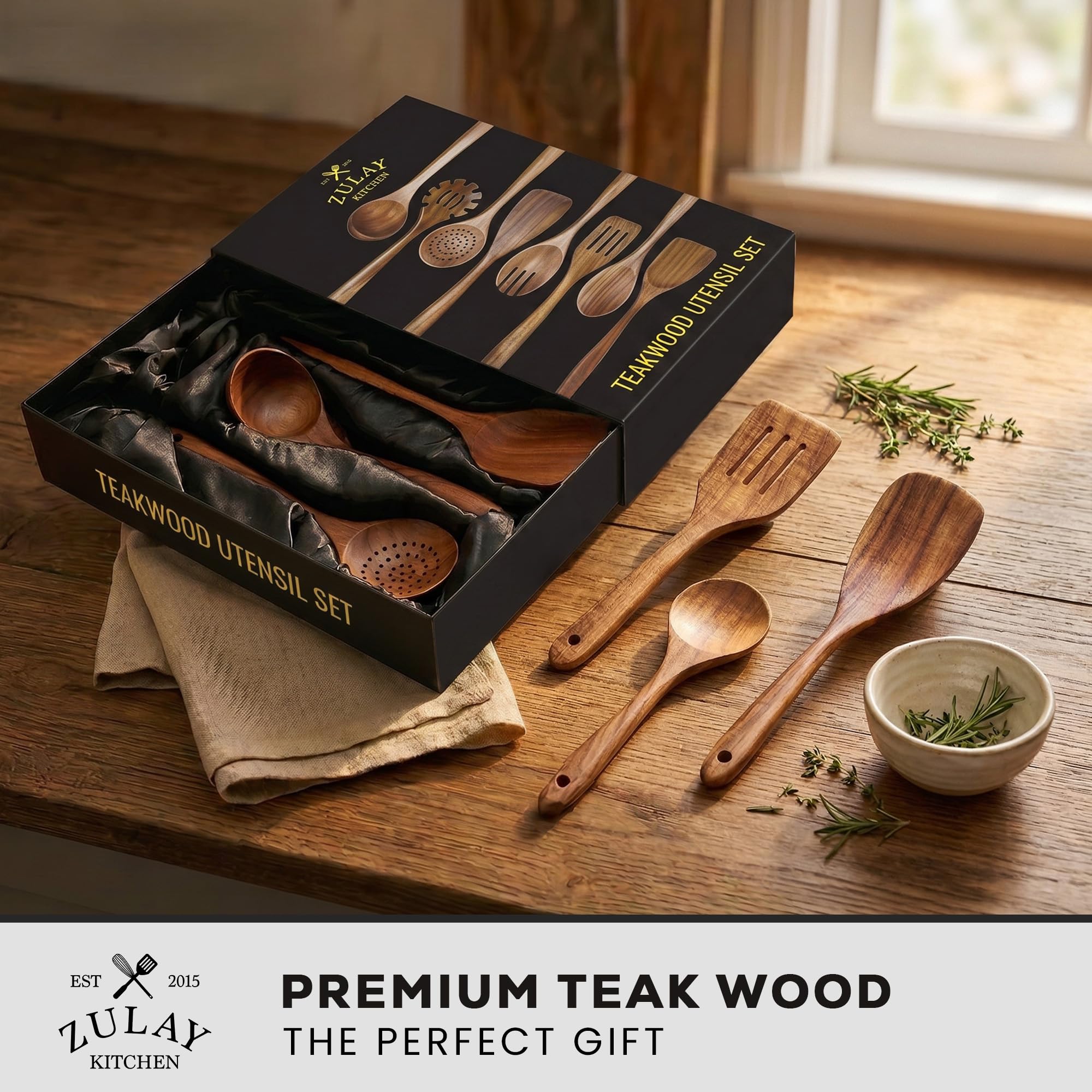 Zulay Kitchen Set di utensili in legno di teak da 9 pezzi per cucinare – Set di utensili in teak naturale con confezione regalo premium – Cucchiai in legno antiaderenti per cucinare – Set regalo da