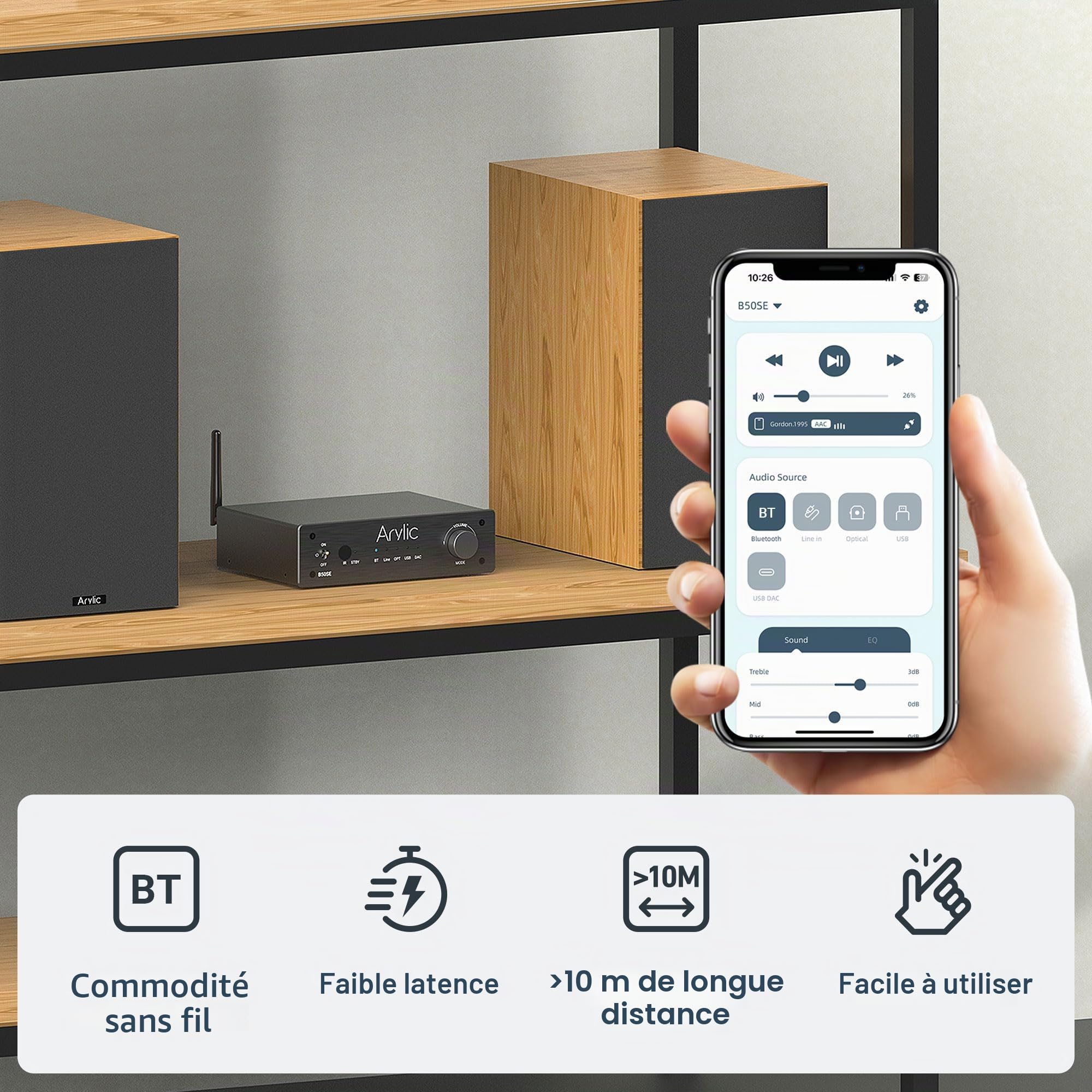 Arylic B50SE Récepteur stéréo Bluetooth 5.1 2.1 canaux Mini amplificateur de haut-parleur intégré Classe D 50 W x 2, stable et à distance, application de contrôle Go et égaliseur facile de contrôle