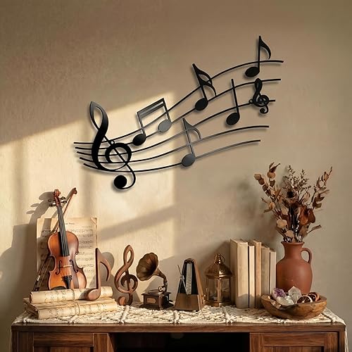 Zhengmy Notas musicales de arte de pared con temática musical para decoración de notas musicales, letrero de metal colgante vintage para sala de
