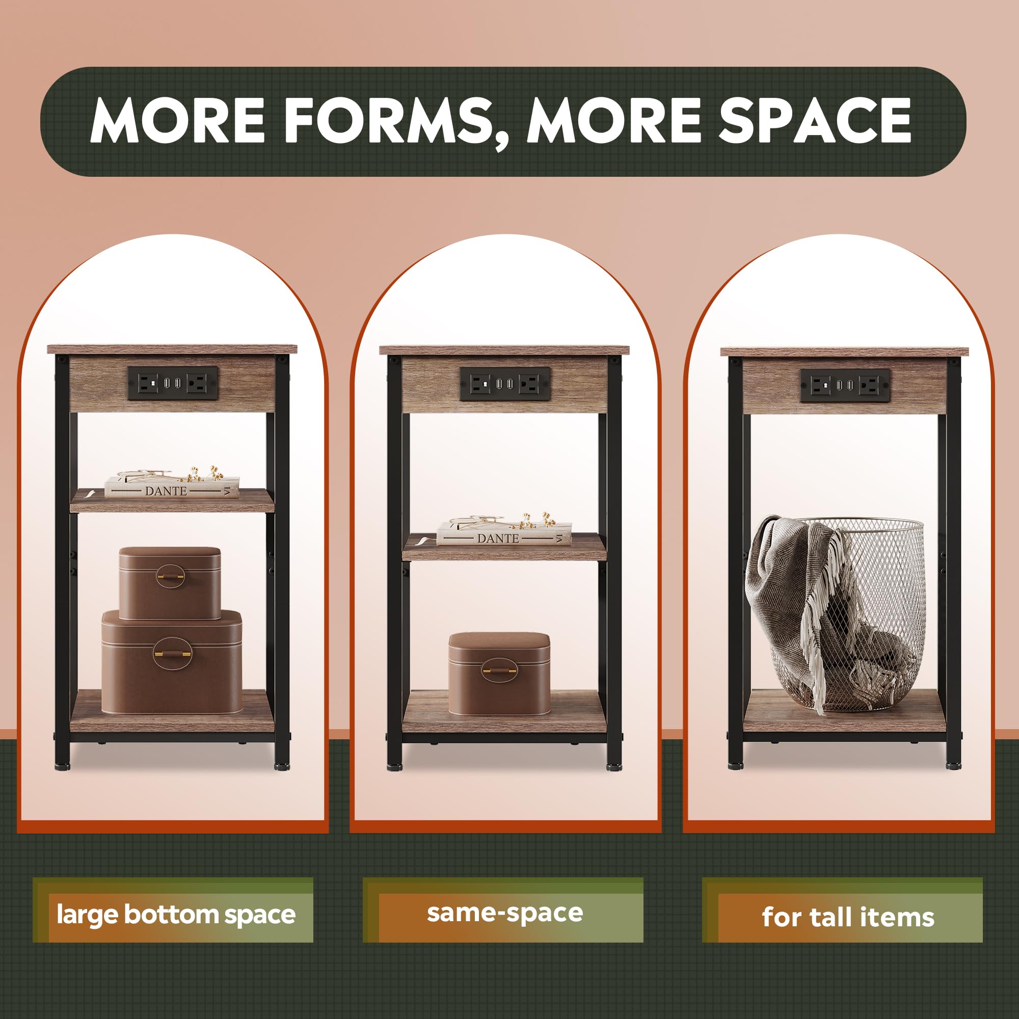 WLIVE End Table with Charging Station and USB Ports, 3-Tier Side Table with Adjustable Shelf, Side Table with Outlet for Small Spaces, Living Room, Bedroom, Brown