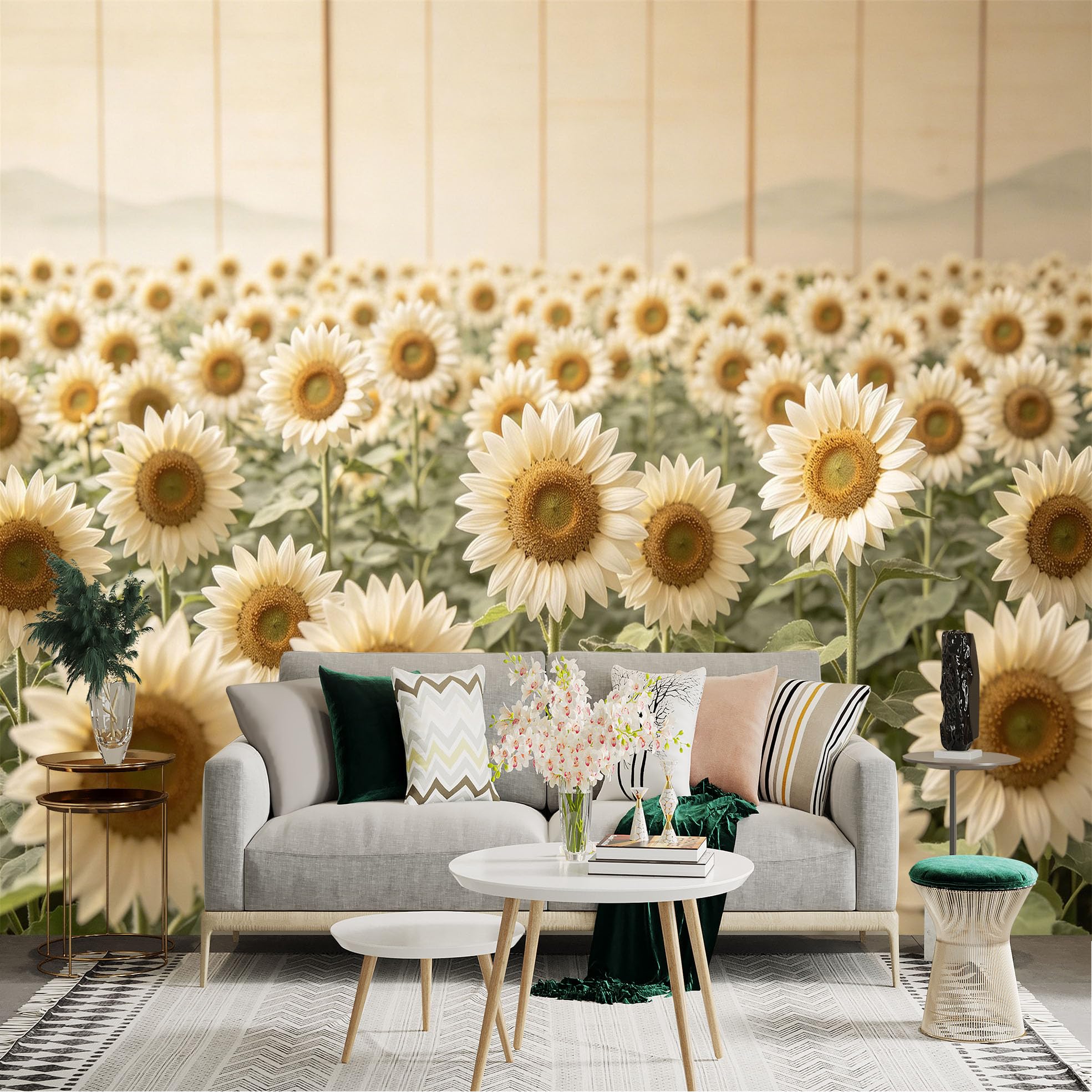Lnzczhyre Dbh260521749 Custom Size Wall Sticker Mural， Creamy White Sunflower Field， Soft Pastel Floral Nature Scene， Minimalist Botanical View， For Wall Decoration， Peelandstick Wall Decals.
