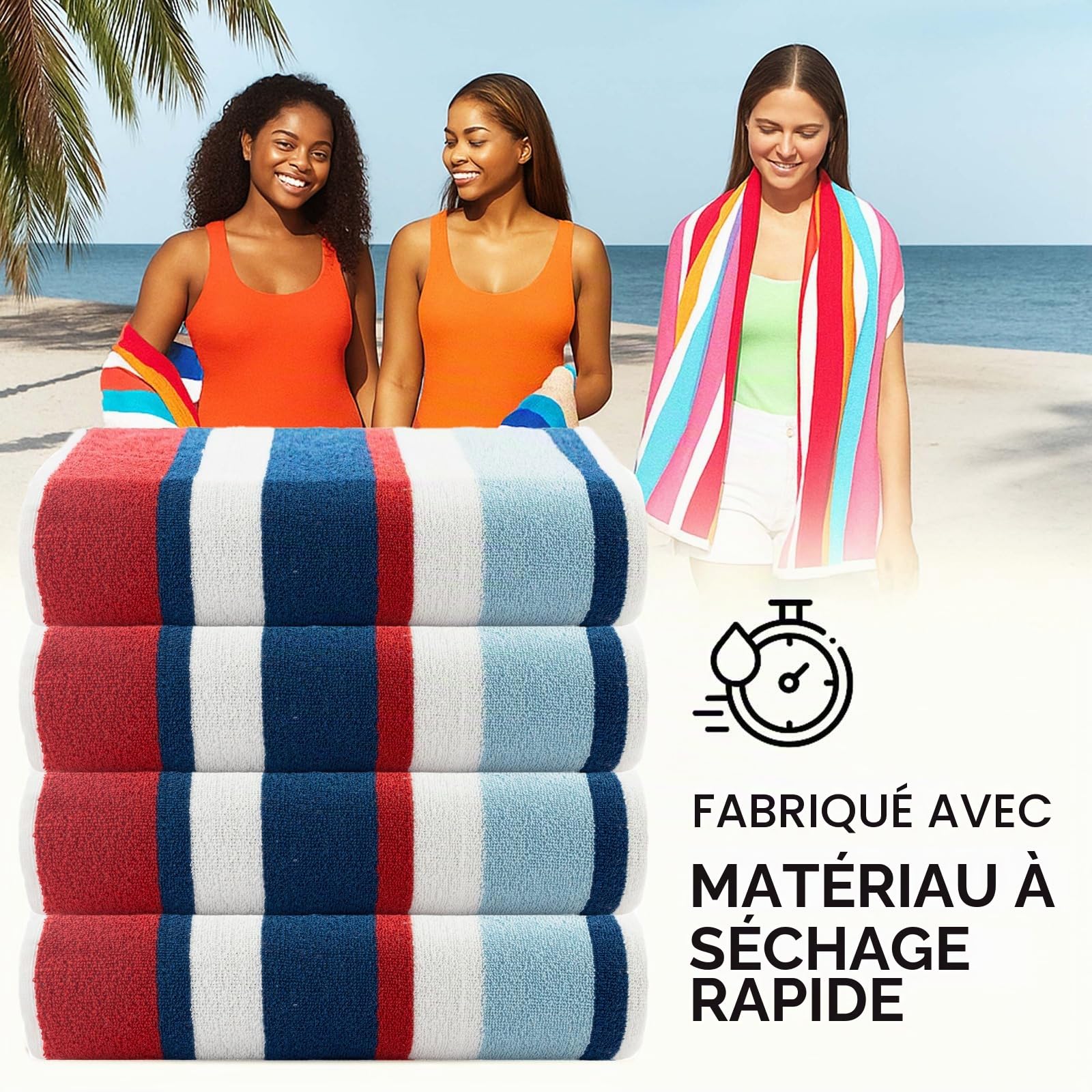 Casa Copenhagen 4 Serviettes de Plage/Piscine Coton 75x150cm, Rouge