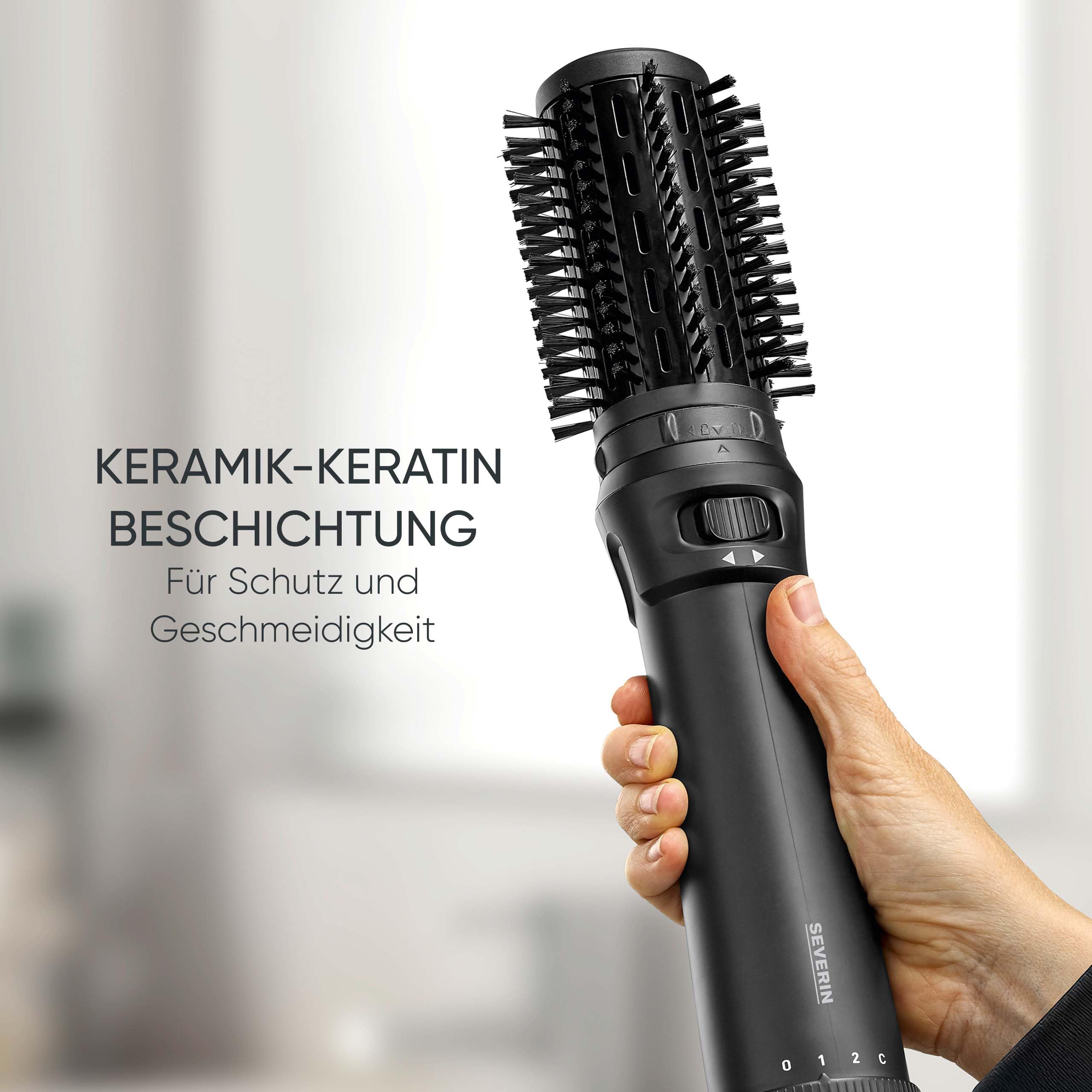 Severin Warmluftbürste rotierend, Föhnbürste mit 2 Aufsätzen (40mm und 50mm), 2 Temperatureinstellungen, Kaltstufe, Styling-Bürste, Keramik-Keratin-Beschichtung, 1000W, schwarz, WL 0241