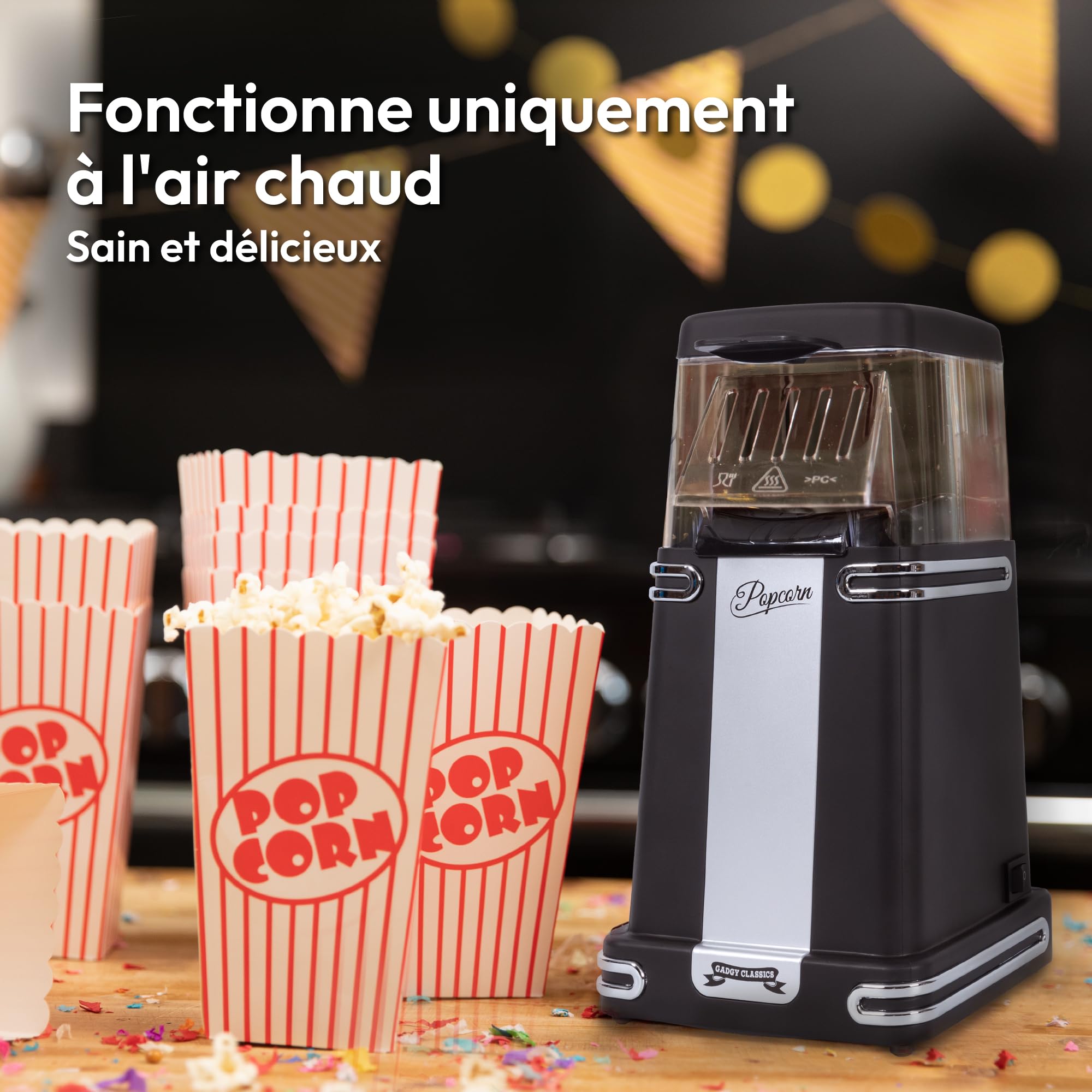 Gadgy Machine à Pop-Corn - Appareil à Popcorn - Machine à Pop-Corn à Air Chaud Rapide - Sans Huile, sans Graisse - avec Tasse à Mesurer et Couvercle Supérieur Amovible - Revêtement Noir Rétro