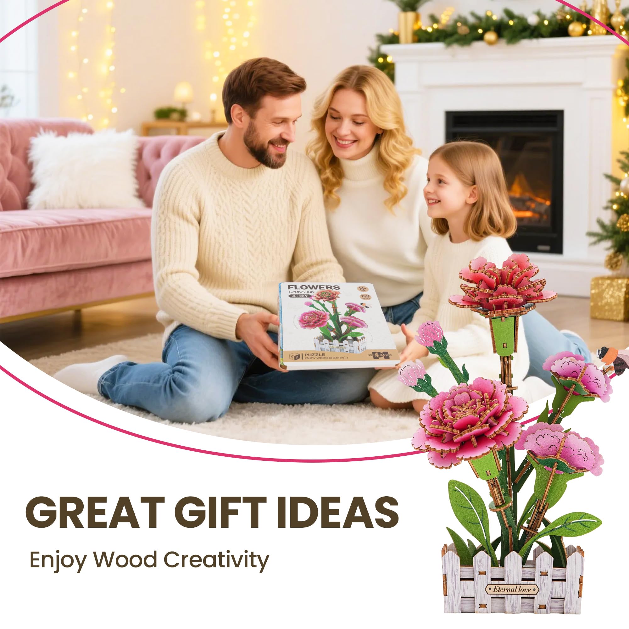 Set di Puzzle 3D, Fiore Fai-da-Te in Legno, Set di Modelli per Fiori Artificiali da Assemblare per Adulti, Miglior Set di Decorazioni per la Casa e Giocattolo Regalo per San Valentino (Garofano)