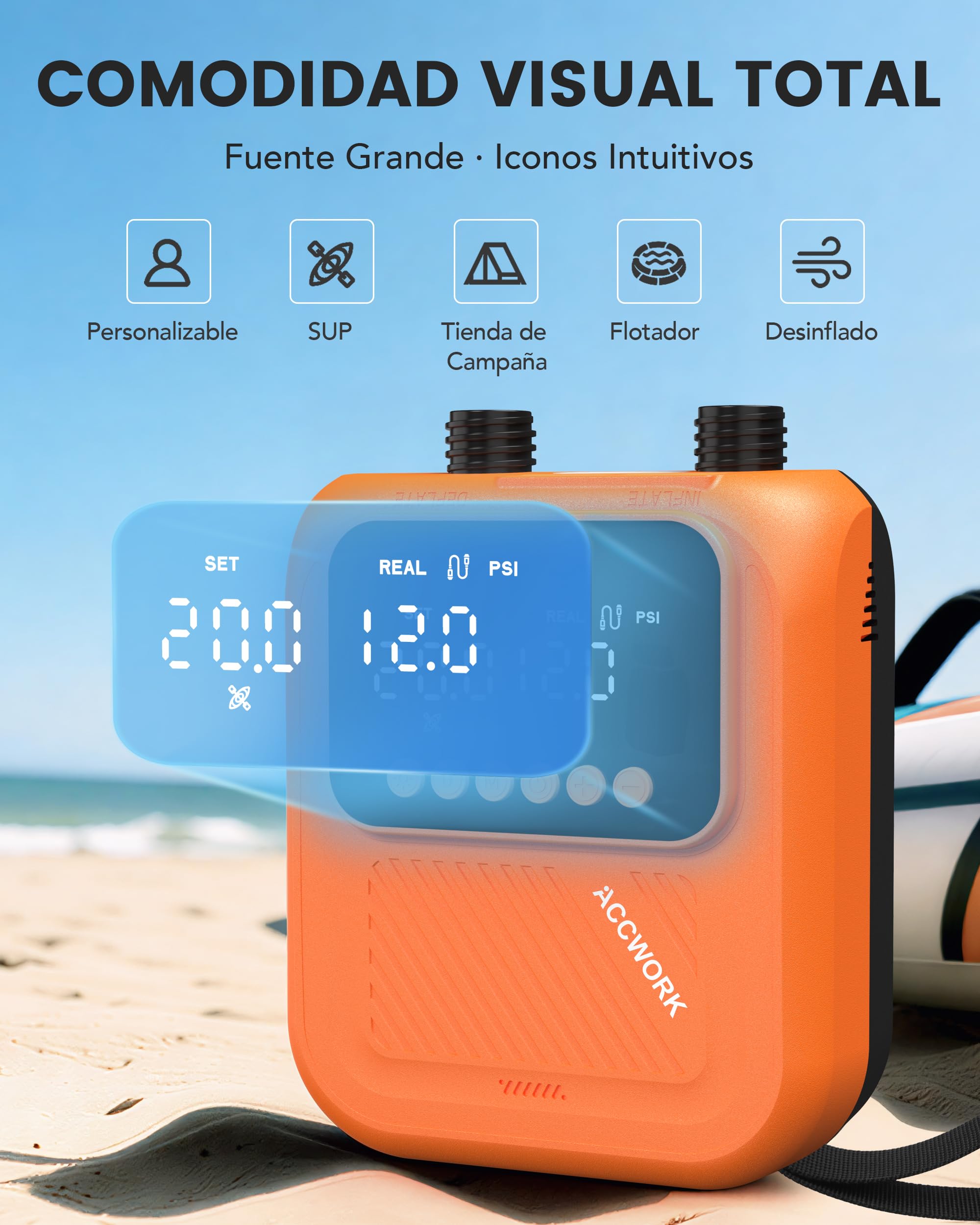 Bomba Eléctrica Sup 20 PSI, Inflador Paddle Surf Electrico | Parada Automática, Doble Pantalla Digital, Inflado/Desinflado, 7 Boquillas para Tablas de Sup Kayak Colchón Tienda Inflable