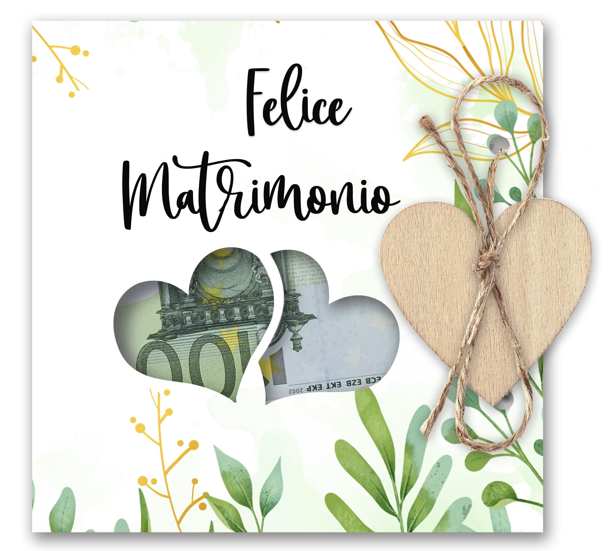 MKISHINE Biglietto Auguri Matrimonio Con Busta E Cuore In Legno: 10x10 Cm, Elegante Porta Soldi Per Regalo Di Nozze, Personalizzabile Con Nomi