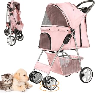 4-Wheel Pet Stroller for Small Dogs and Cats, Up to 33 lb, Pink | Foldable, Cup Holder Tray, 2 Tethers, Padded Mat, Basket, Breathable Mesh, Rear-Zip Door, Swivel Front Wheels and Rear Brakes