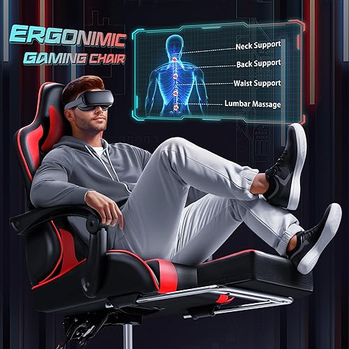 Miniatura 6 de JUMMICO Silla ergonómica para videojuegos con reposapiés y soporte lumbar de masaje, silla de videojuegos de altura ajustable con asiento giratorio