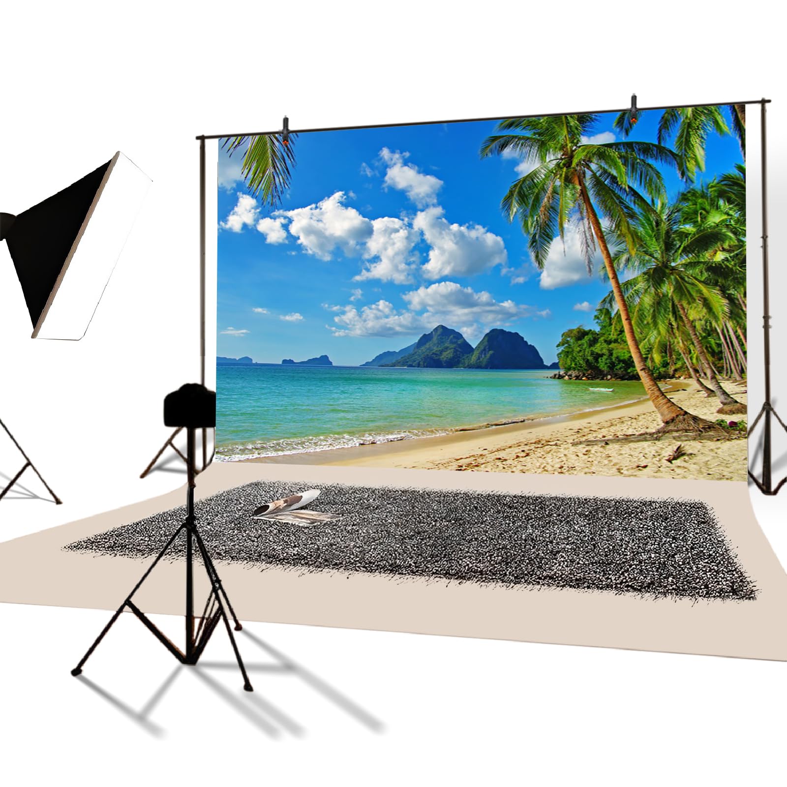 YongFoto 3x2,5m Vinilo Fondo Playa Fotografia Mar Paisaje Cielo Azul Nubes Blancas Palmera Montaña Telón de Fondo Infantil Fiesta Cabina de Fotos Bandera Niños Estudio Fotográfico Accesorios
