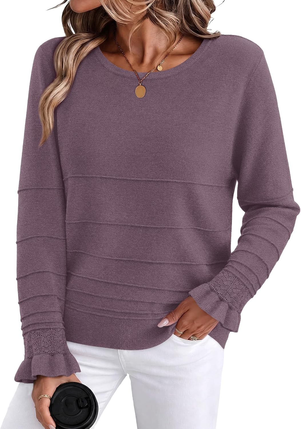 WIHOLL Sweaters for Women Long Sleeve Ruffle Ribbed Knit Sweater S-XXL