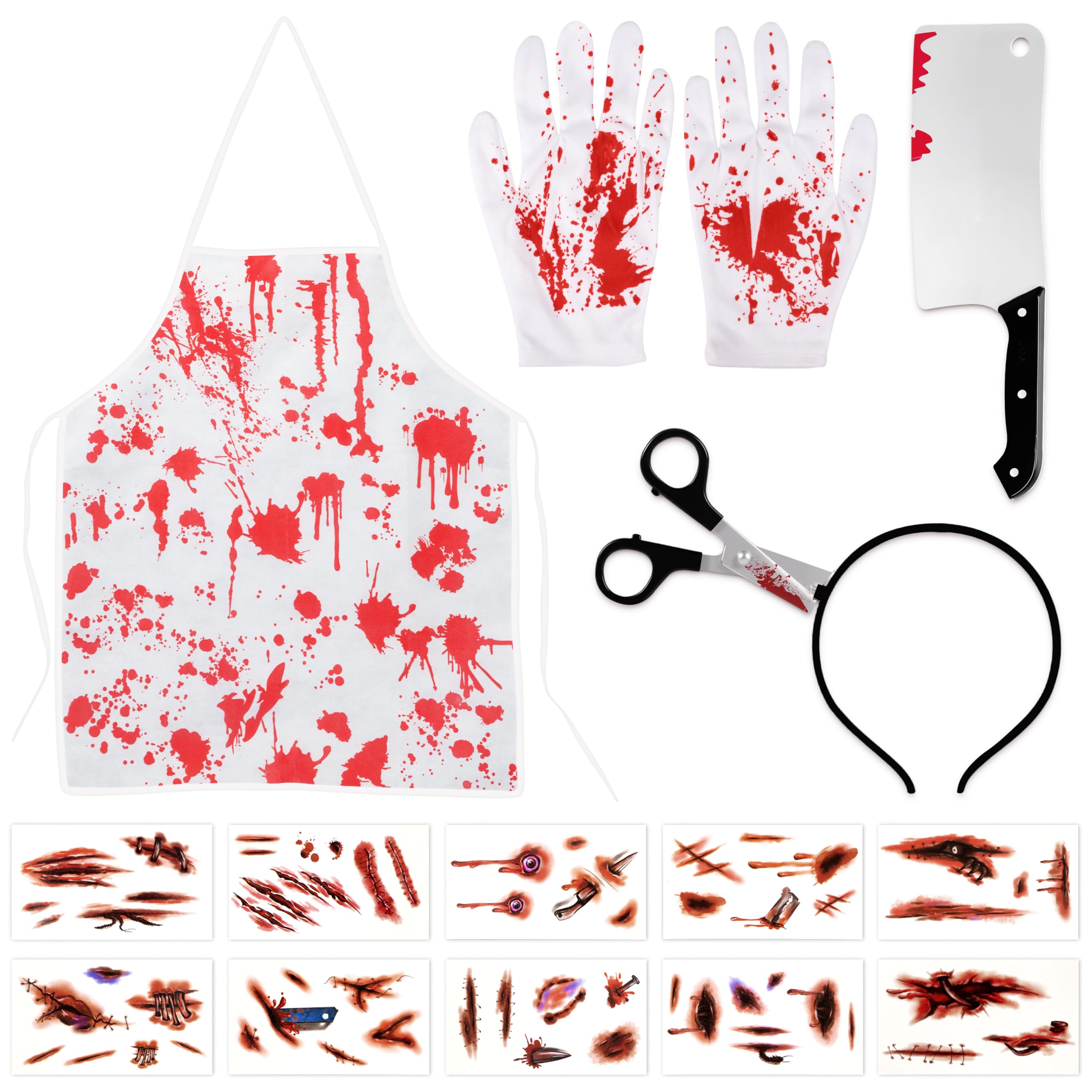 jollylife 13Pieces Halloween Bloody Butcher Costumes Scary Set - Cooking Chef Apron Hat Weapon Knife Tattoo Stickers Zombie