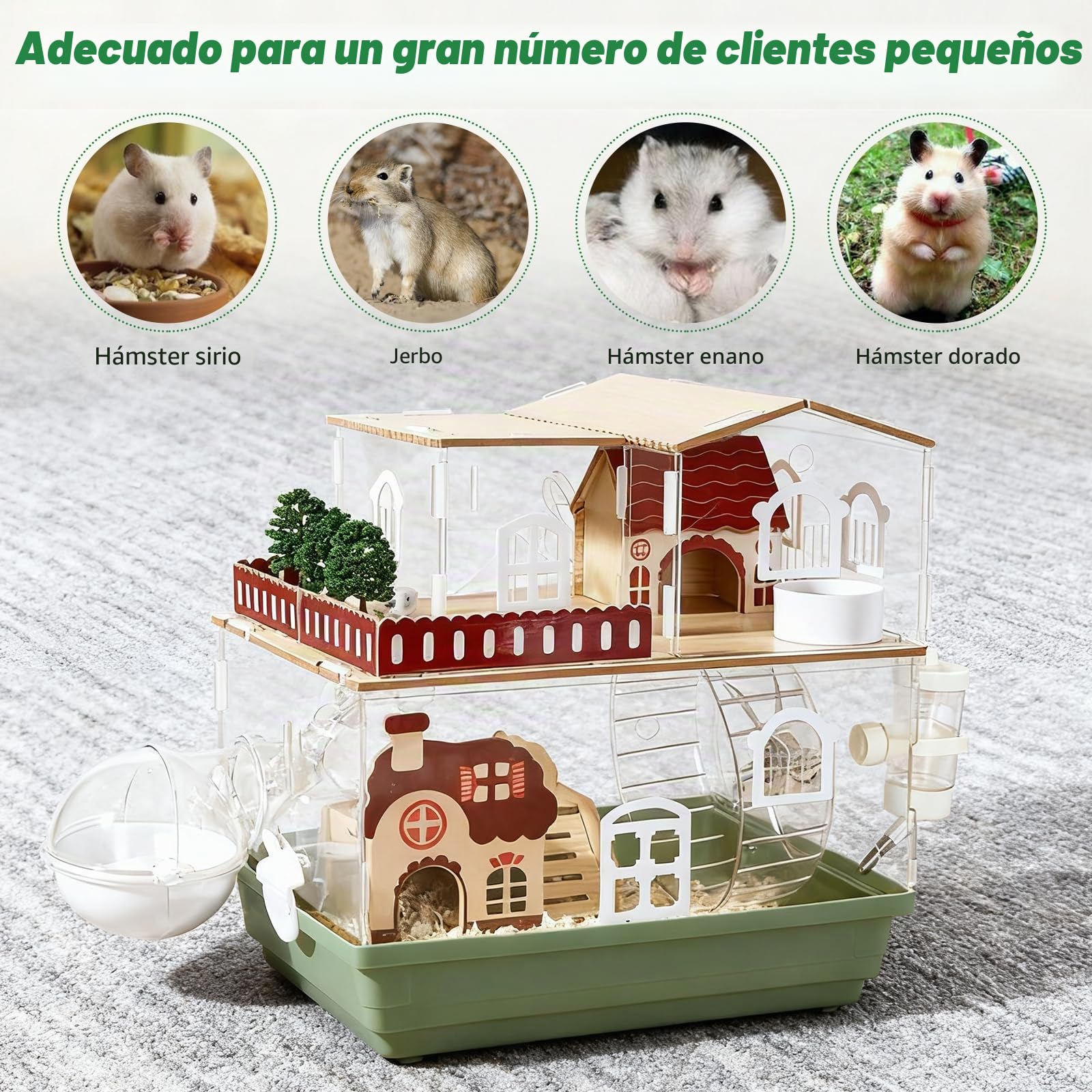 Jaula acrílica para hámster 12 en 1, diseño de jardín, 35 × 26 × 37 cm, transparente, varios pisos, incluye villa de madera, rueda, túnel, botella de agua, casa de baño y accesorios de juego (2
