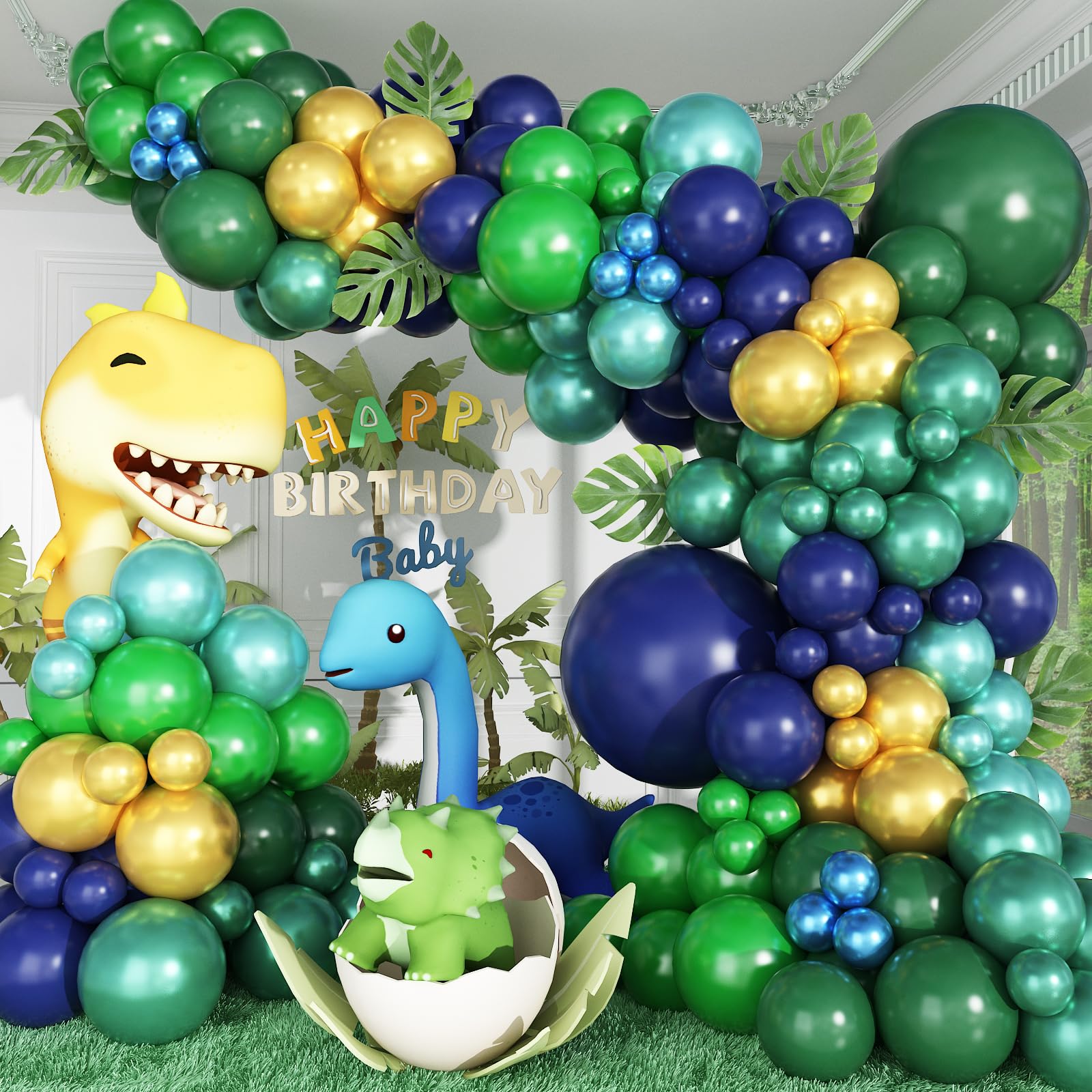 134Pcs Blue and Green Balloon Garland Kit, Navy Blue Dark Green Gold Balloon Arch Kit with Metallic Chrome Balloons, Dinosaur Helium Latex Balloons