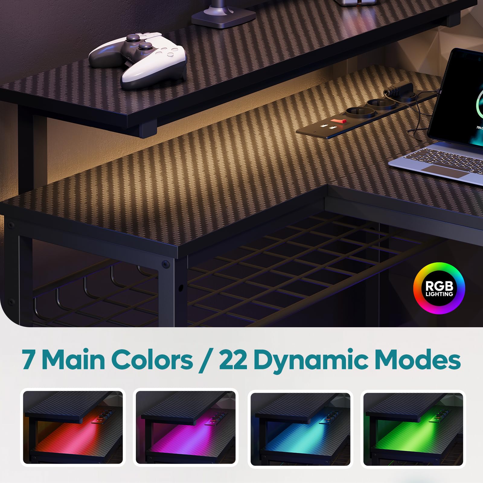 Bestier 147CM L Shaped Gaming Desk con luci LED e prese di corrente, scrivania ad angolo reversibile per l'ufficio domestico con ripiani, postazione PC più grande con ganci per lo studio, Nero