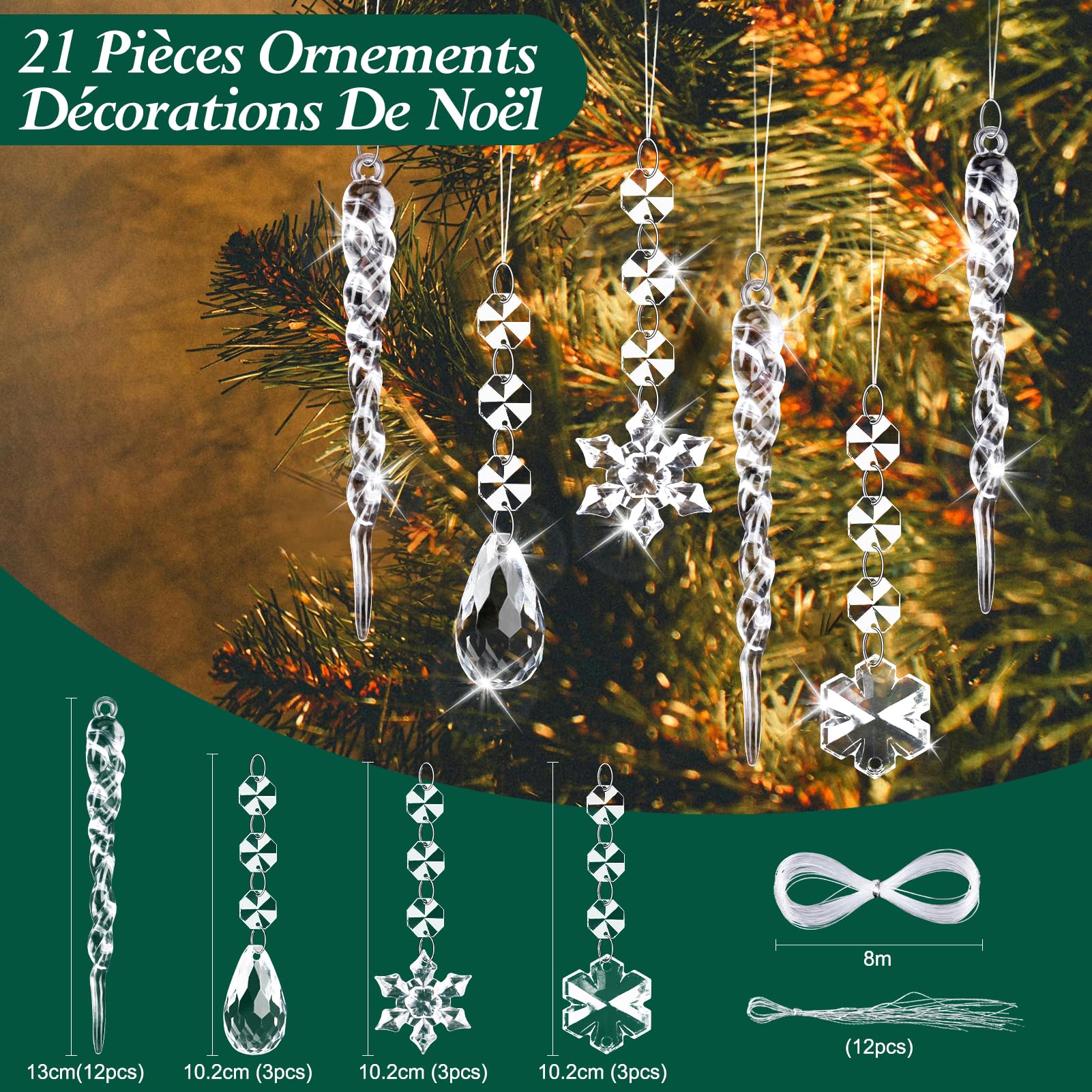 20 Stalactites Acrylique Pour Sapin De Noël – Décorations Cristal Glaçon – Avec Cordons – Intérieur/Extérieur