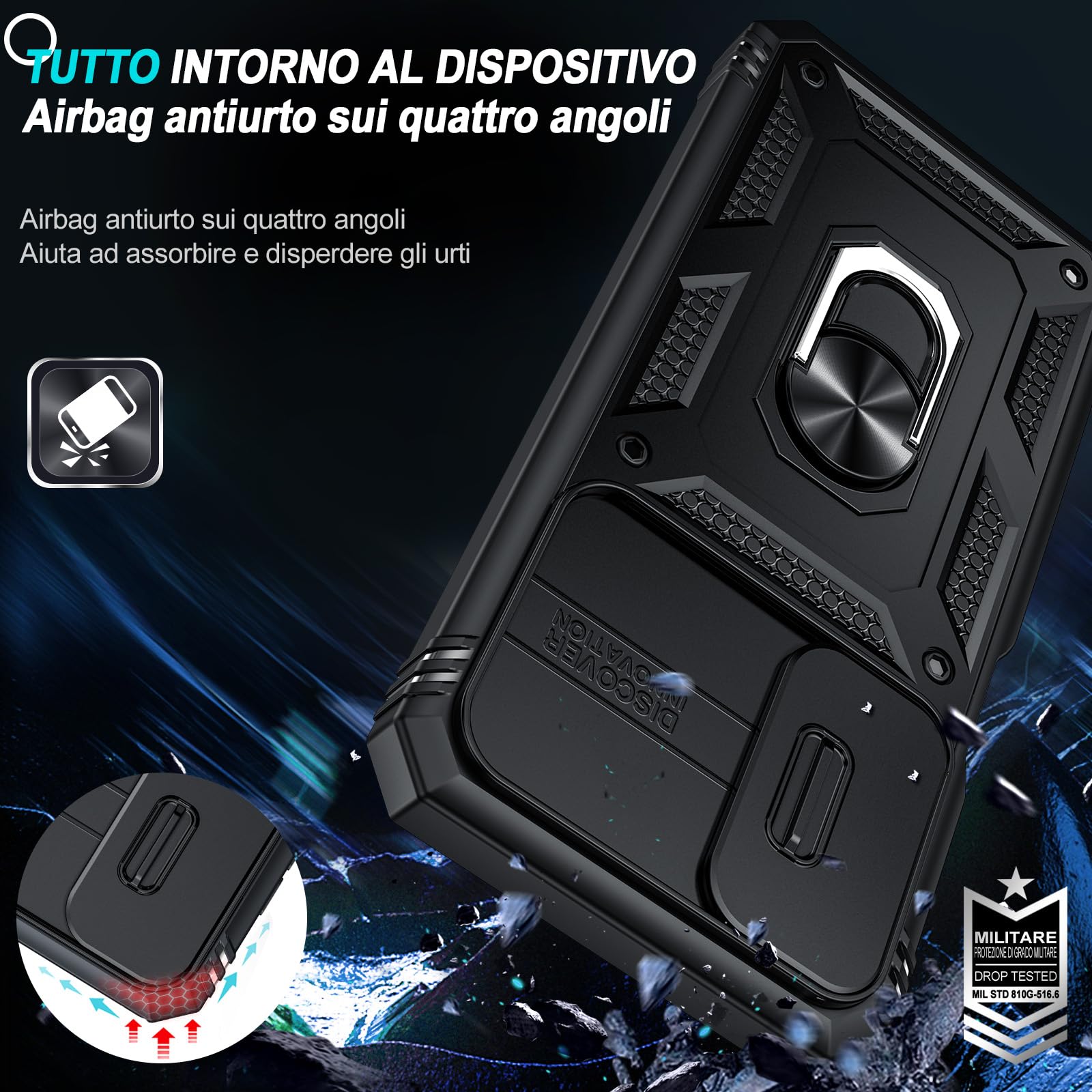 LeYi Cover per Samsung A17 5G con Vetro Temperato [2 Pack],Custodia per Samsung Galaxy A 17 con Protezione Fotocamera [Slidable] Antiurto Grado Militare 360° Anello Supporto TPU Bumper Case, Nero