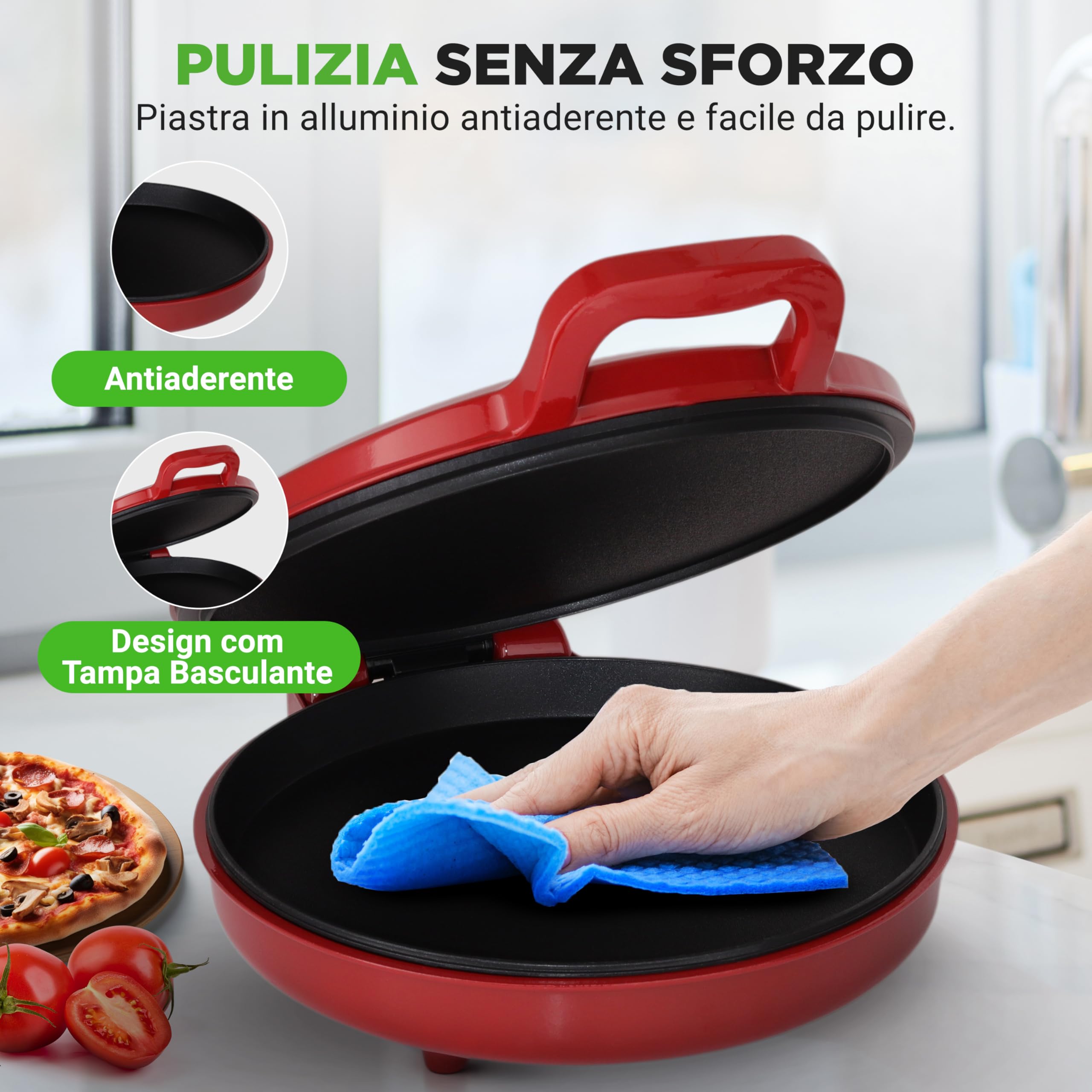 NutriChef Forno Pizza, Cuoci Pizza, Uova, Toast, Pancake e Piadina, 1500 Watt, 30 cm, Manici Termici Salvaspazio, 80–200°C, Pizza Fatta in Casa Croccante, Pizza Surgelata, Pizzaiolo, Rosso