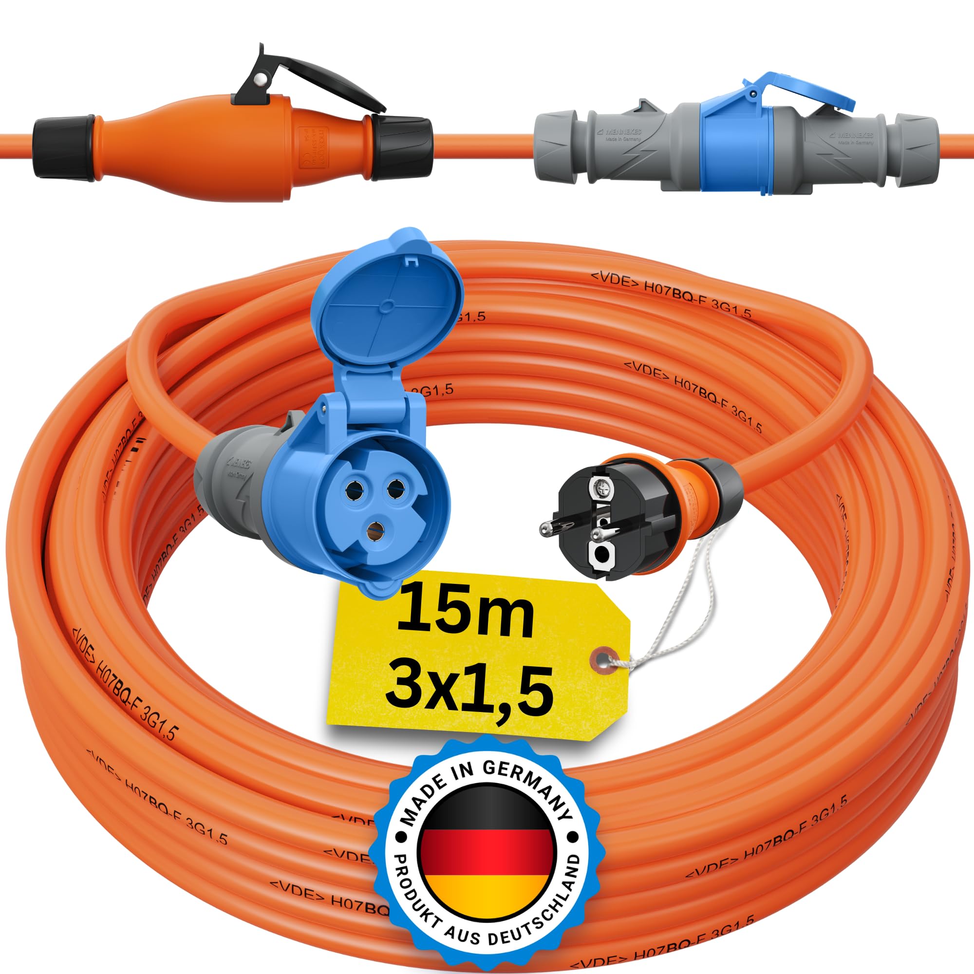 Schuko auf CEE Adapter 15m Camping Stromkabel H07BQ-F 3x1,5 Landstromkabel Wohnmobil Wohnwagen Kabel Camping Adapter 15 Meter Strom Verlängerungskabel CEE-Stecker Campingstecker