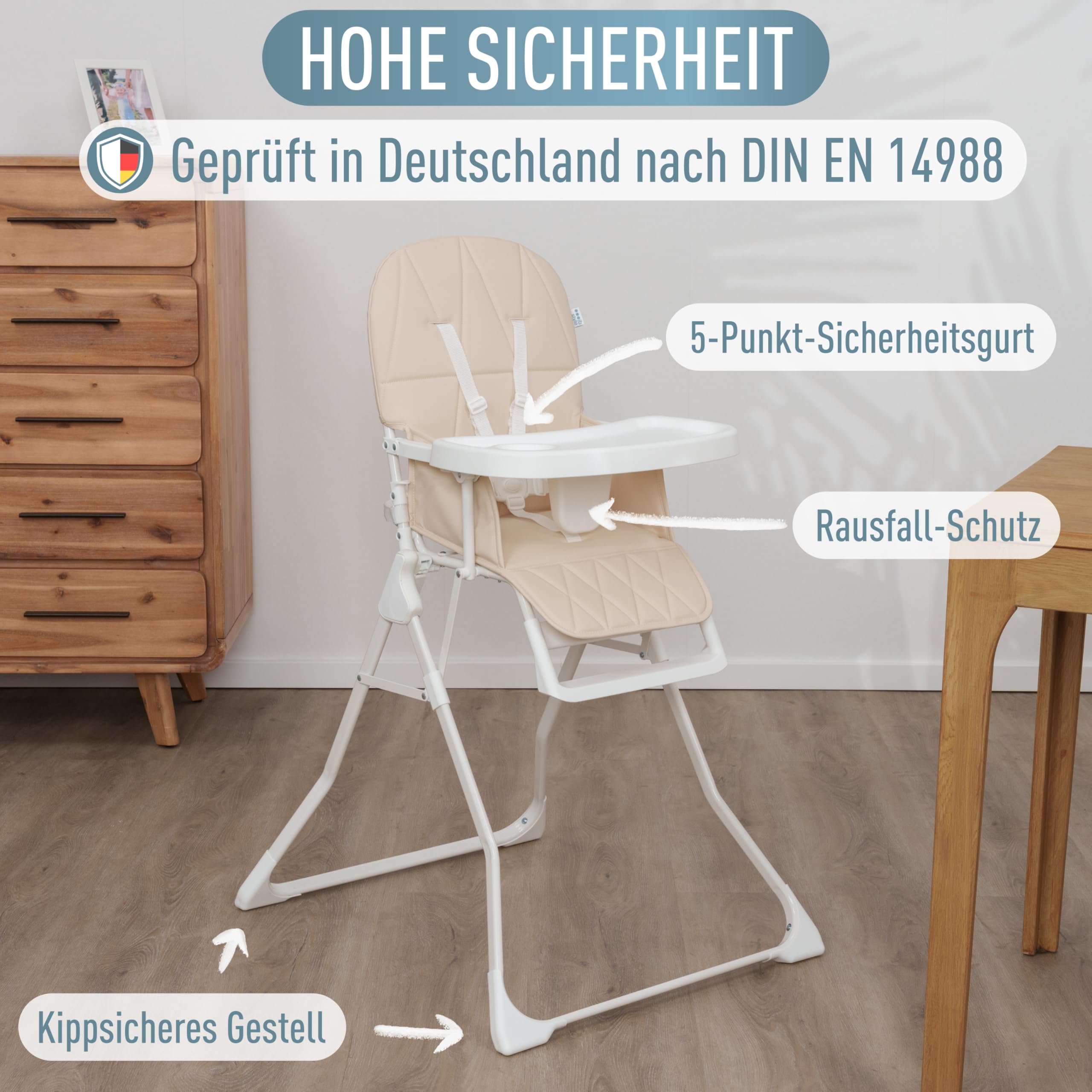 IB STYLE Baby Hochstuhl Leno - Kinderhochstuhl Klappbar & Platzsparend, Mitwachsend mit Tablett & Fußstütze, 5-Punkt-Gurt, Weiche Polsterung, Abwischbar, ab 6 Monate bis 3 Jahre (15kg), Sand