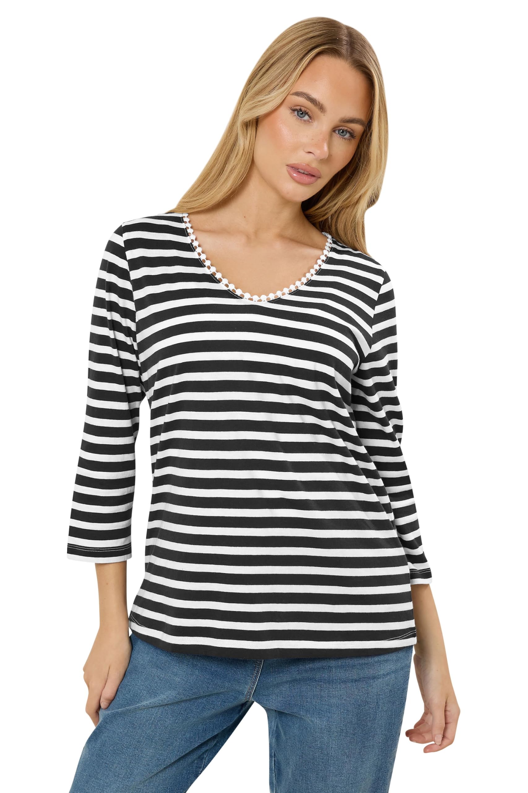 M&Co Women's Navy Blue Stripe Cotton Neck Trim Top
