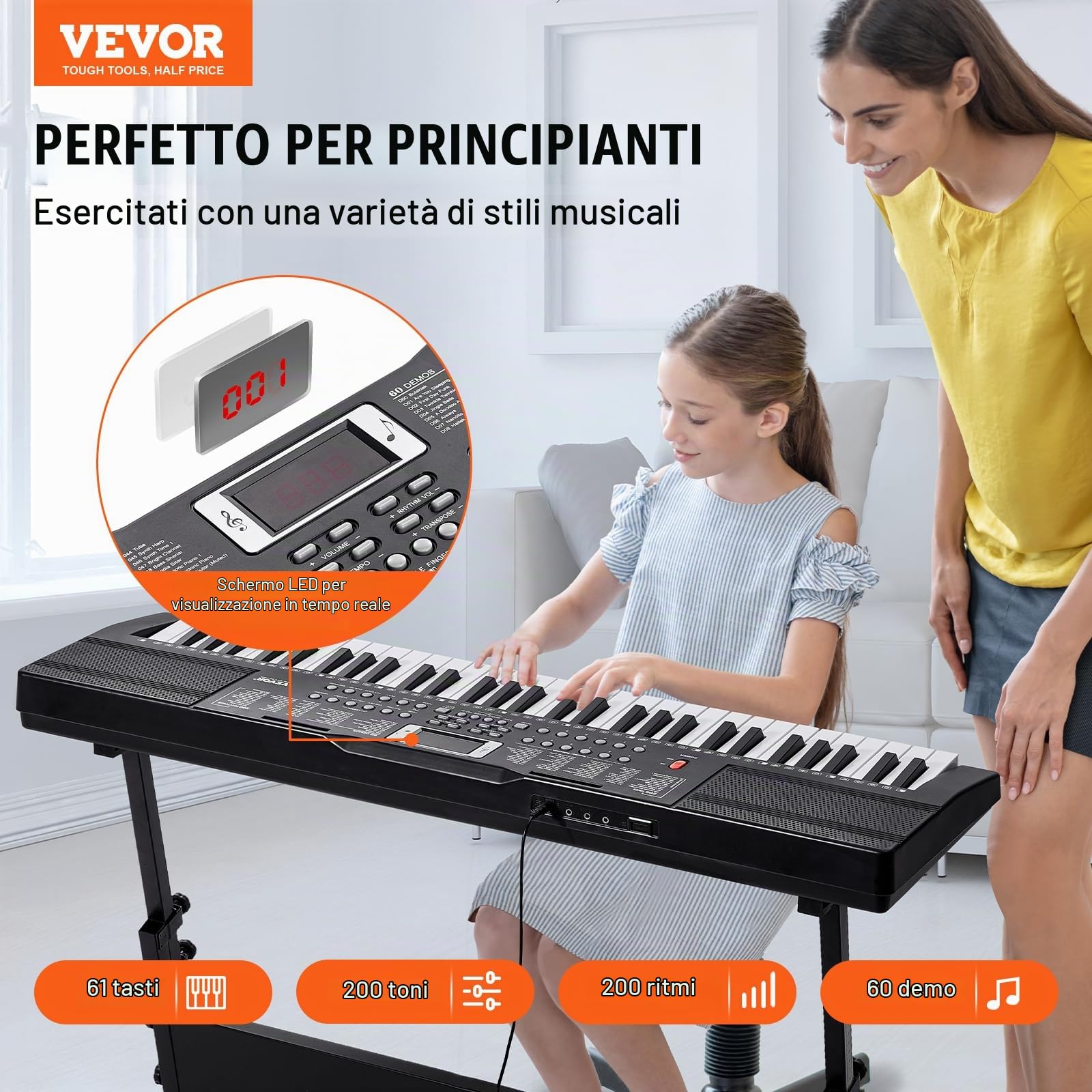VEVOR Pianoforte Digitale con Tastiera, 61 Tasti, Set Pianoforte con Tastiera Elettrica Portatile, 200 Toni, 200 Ritmi, 60 Brani Demo, Altoparlanti Incorporati, Cuffie, Microfono, per Principianti