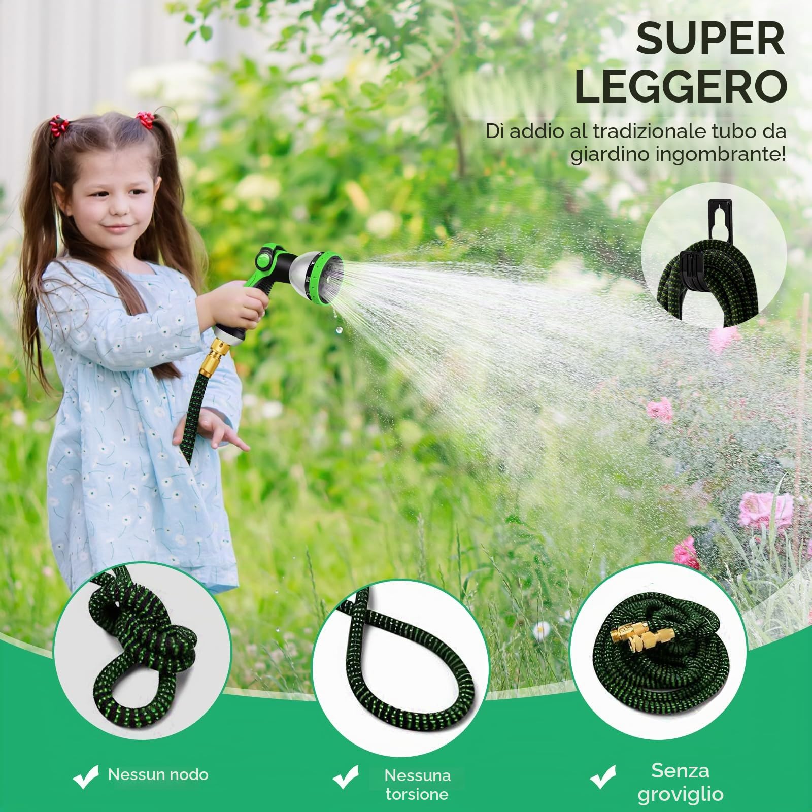 Yofidra Tubo da Giardino Estensibile 30M/100FT, Leggero, Pistola 10 Funzioni e Raccordi Metallo, Tubo Flessibile per Innaffiare, Lavare Auto e Terrazzo(Nero e verde)