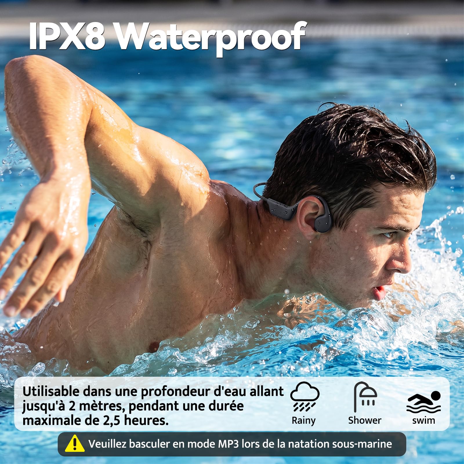 Casque Natation, Casque Conduction Osseuse, IPX8 Etanche sans Fil Bluetooth 5.4, Écouteur de Sport Ouvert avec Lecteur MP3 intégré 32G Mémoire pour la Natation, Le vélo, la Course à Pied