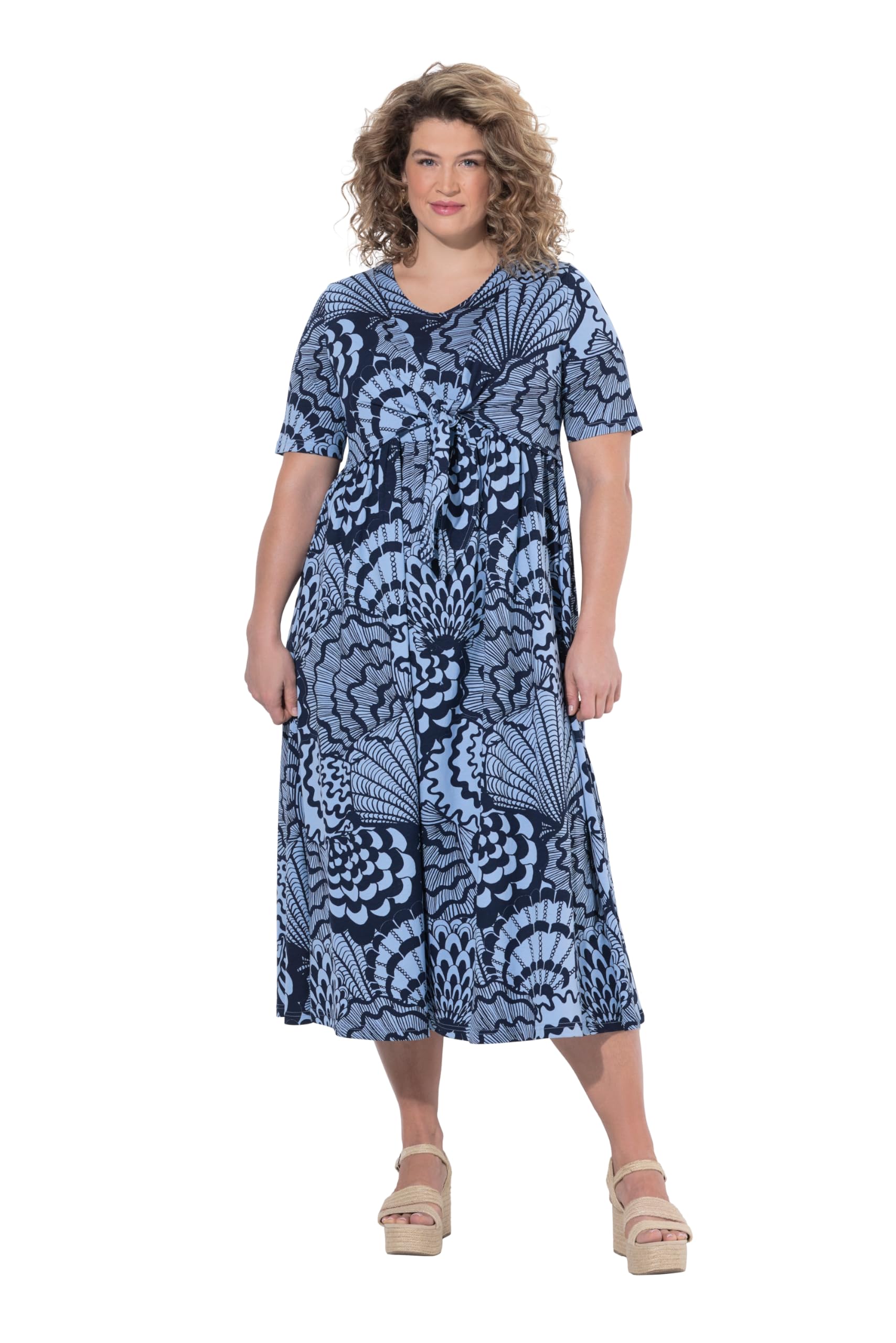 Ulla Popken Damen große Größen Übergrößen Plus Size Maxikleid, Muscheln, V-Ausschnitt, Halbarm, Biobaumwolle 847690