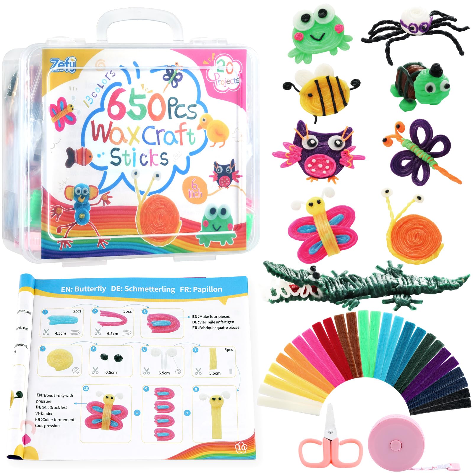 Zefy 650 Pcs 13 Colors Wax Craft Sticks, Arts and Crafts Kits for Kids, Bendable Wax Sticks with Storage Box, Travel Road Trip Activities Summer Camping Essentials Easter Gifts