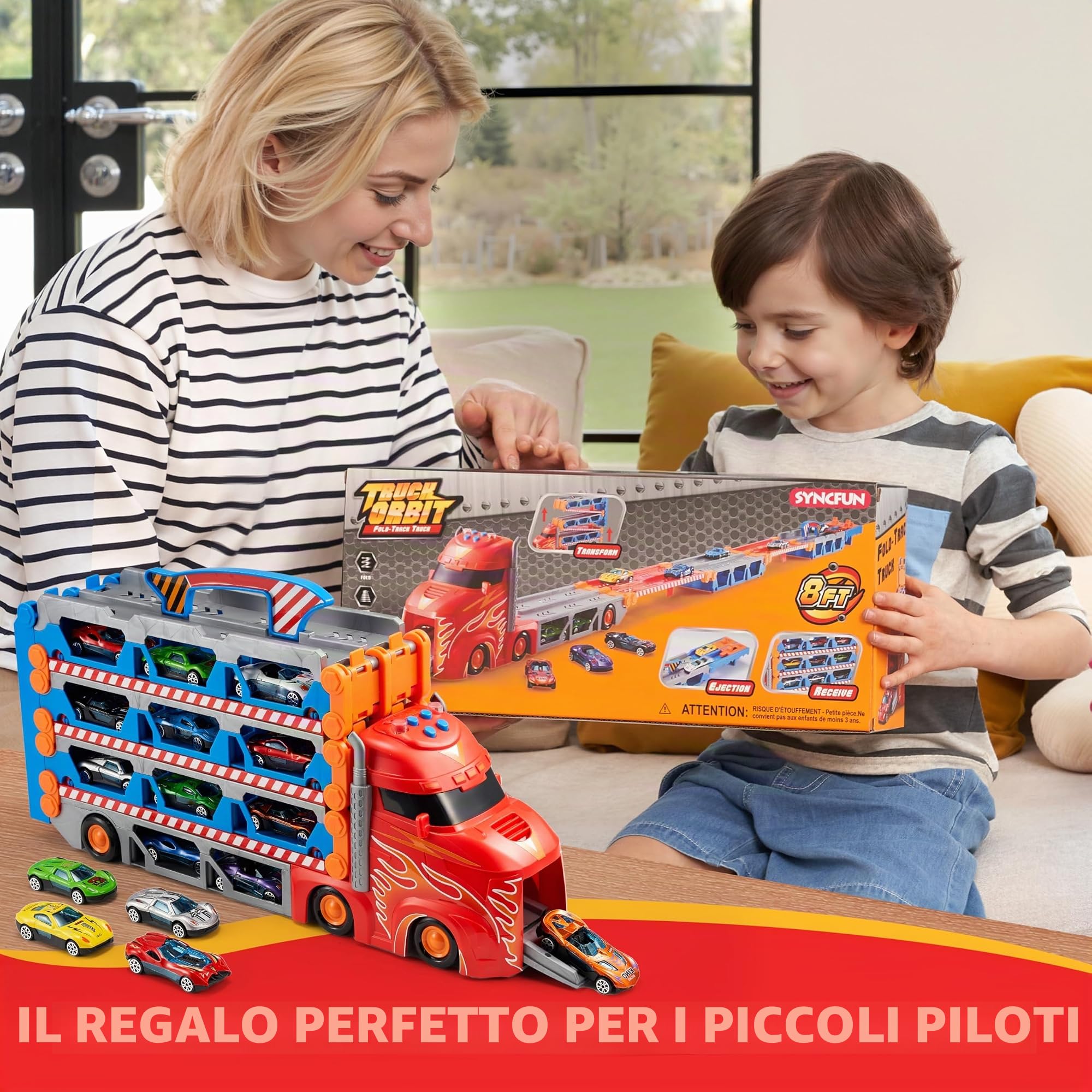SYNCFUN Transport Race Truck Toy Cars, giocattolo da camion da pista da corsa gigante da 2,4 m, pieghevole a 3 strati con 12 auto, luci e suoni, regalo per 3, 4, 5, 6, 7 anni, ragazzi