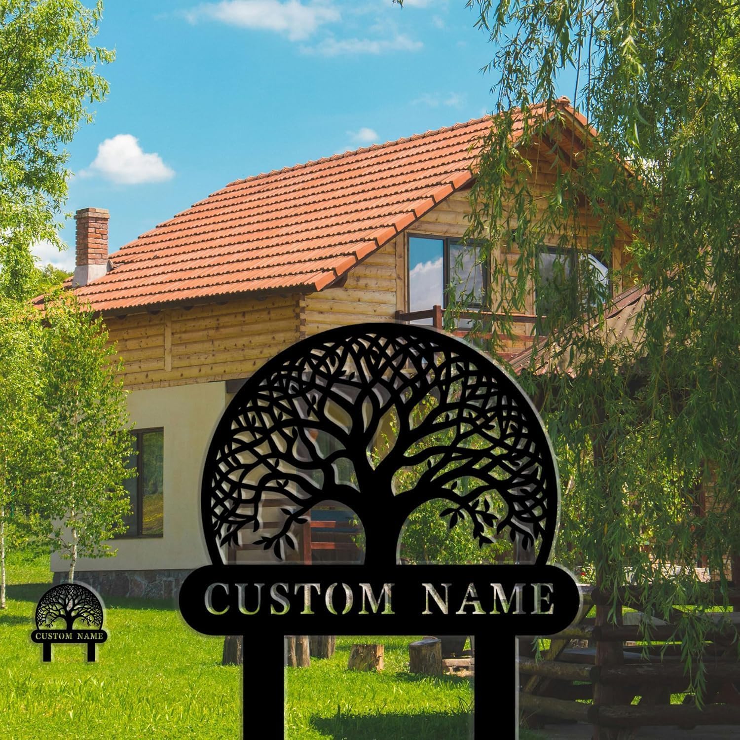 Custom Family Name Metal Garden Plaque,Personalized Tree Pattern Yard Marker,Weatherproof Outdoor Lawn Sign with Custom Name,Housewarming Garden Gift