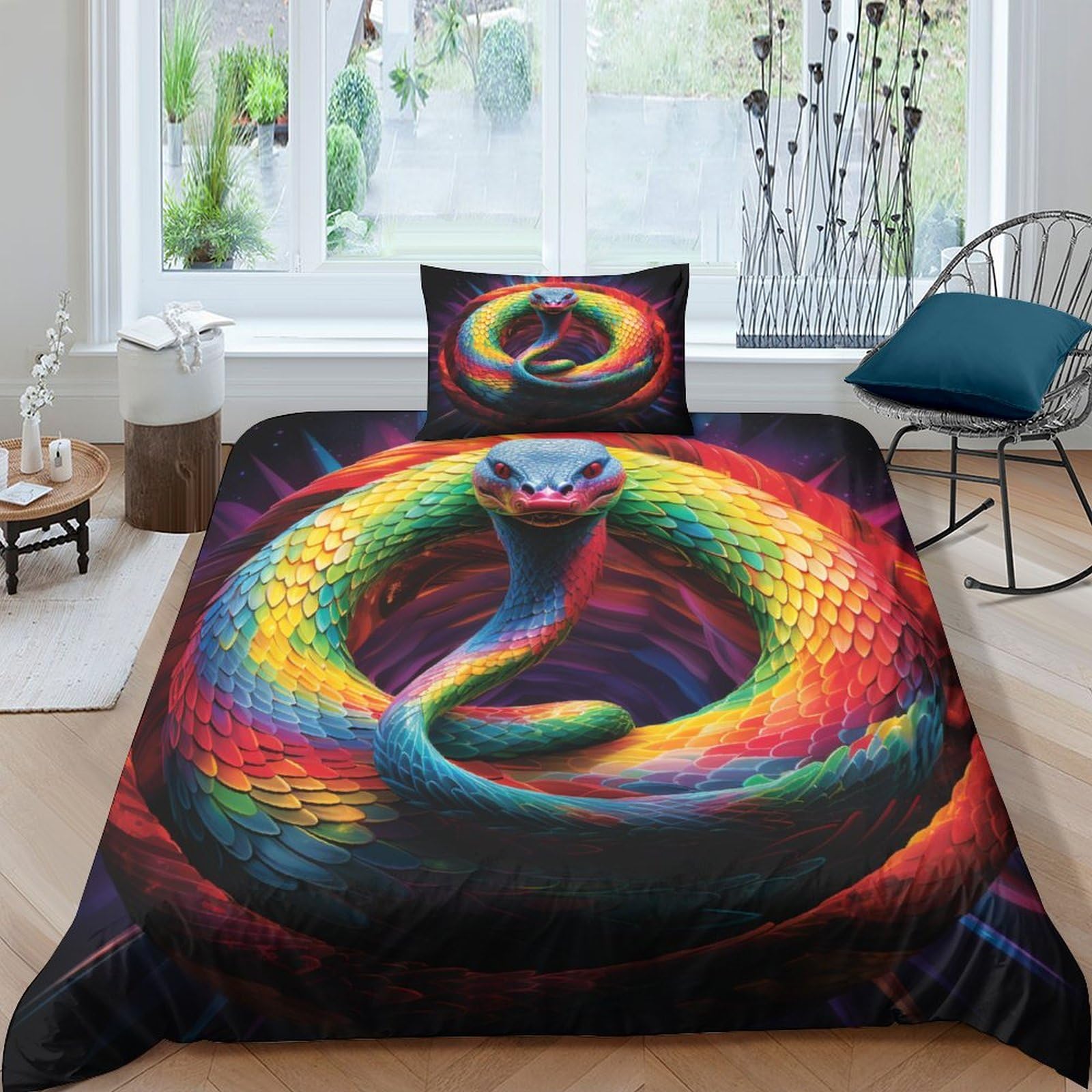 Aaharya Colorful Snake 3D Printed Bedding Set For Children Teens Cobra Pattern Duvet Cover Set With Pillowcases Microfiber Quilt Cover With Zipper Closure Single（135X200cm）
