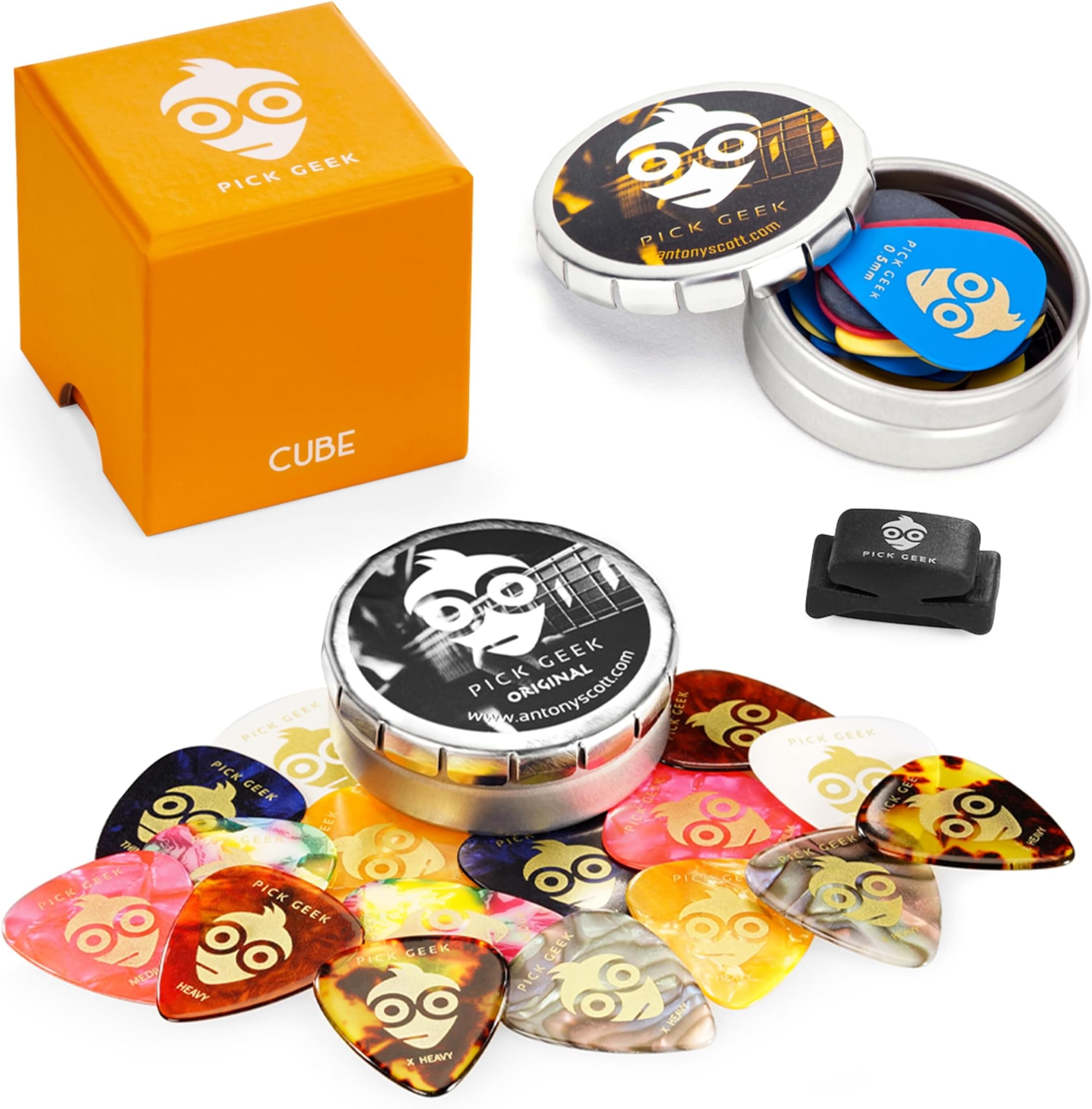 Cube Guitar Pick Set | 2 x Sets of Premium Guitar & Bass Plectrums | 4 x Thicknesses | Includes FREE Wedgie Pick Holder PLUS 2 x Metal Pocket Boxes | Shipped in a Beautiful Cube Gift Box