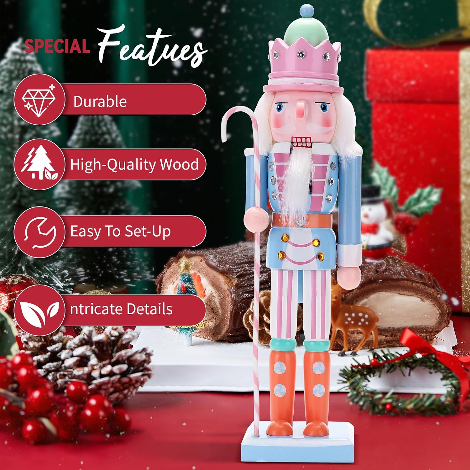 12 Inch Traditional Nutcracker King Doll - Hand-Painted Macaron Color Wooden Christmas Decor, Xmas Ornaments for Holiday Tabletop, Shelves & Party Decorations