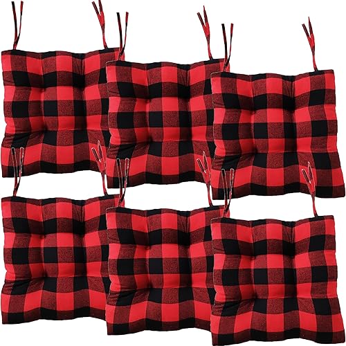 Cojines para sillas de cocina con lazos, juego de 2 cojines de asiento para sillas de cocina, 16 x 16 pulgadas, decoración navideña a cuadros rojos