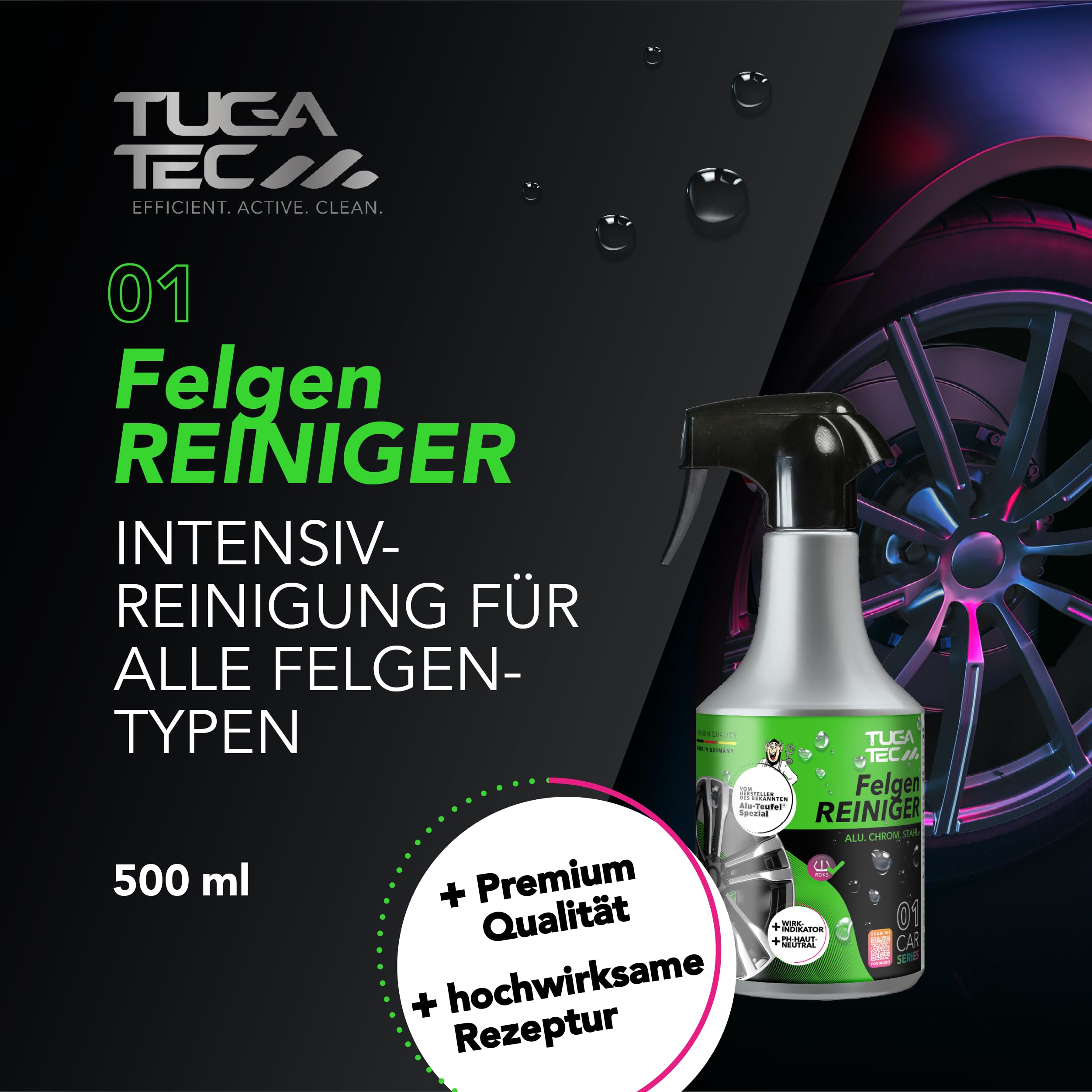 TUGA TEC Serie 5X 500 ml Profi Bundle, Felgenreiniger, Detailer, Interieur | Insektenentferner, Glasreiniger im Set mit hoher Haftwirkung, gründlich, schonend & effizient