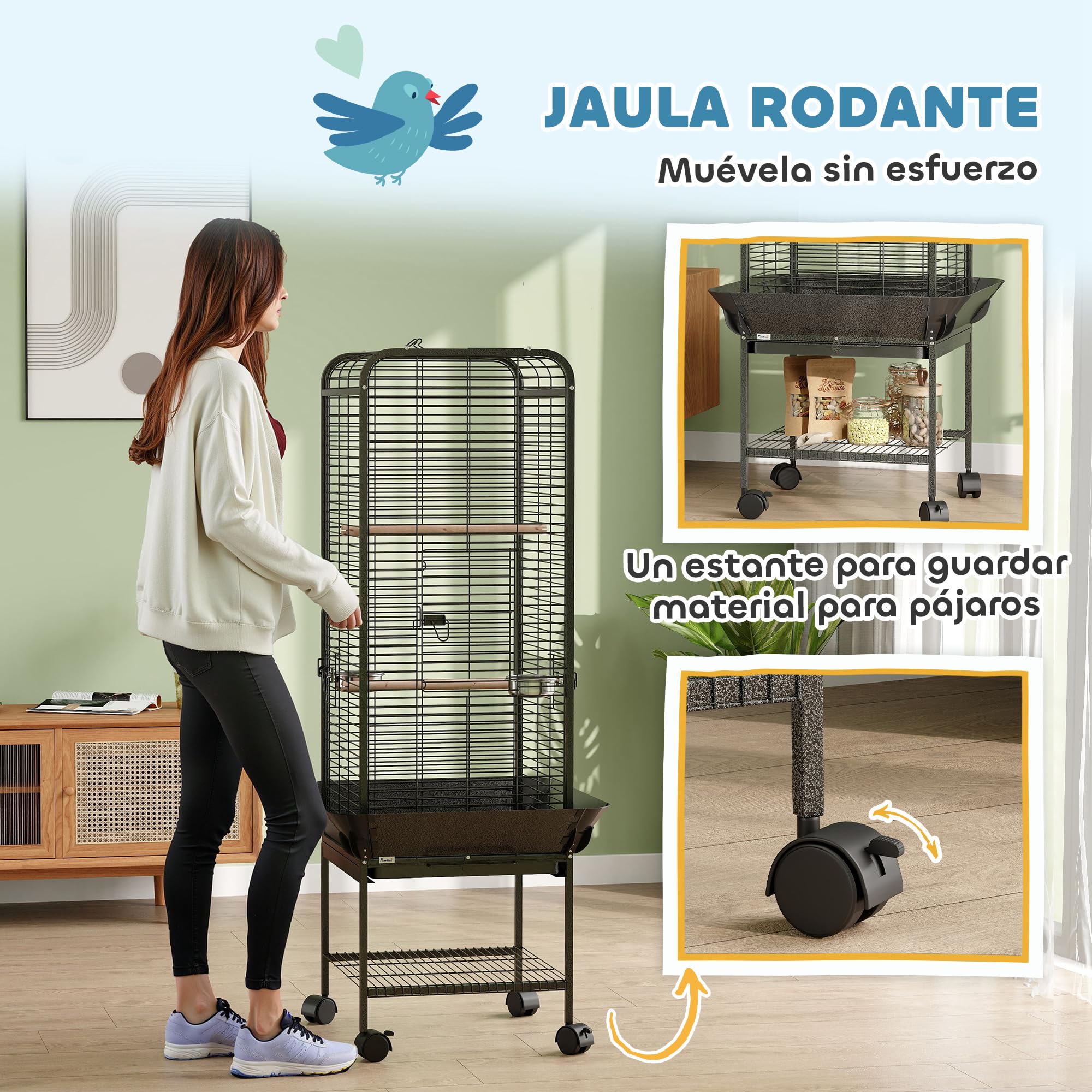 PawHut Jaula para Pájaros Jaula para Loros con Ruedas Perchas Comederos Estante y Bandeja Extraíble Pajarera para Cacatúas Cotorras 62,5x62,5x146 cm Gris Oscuro