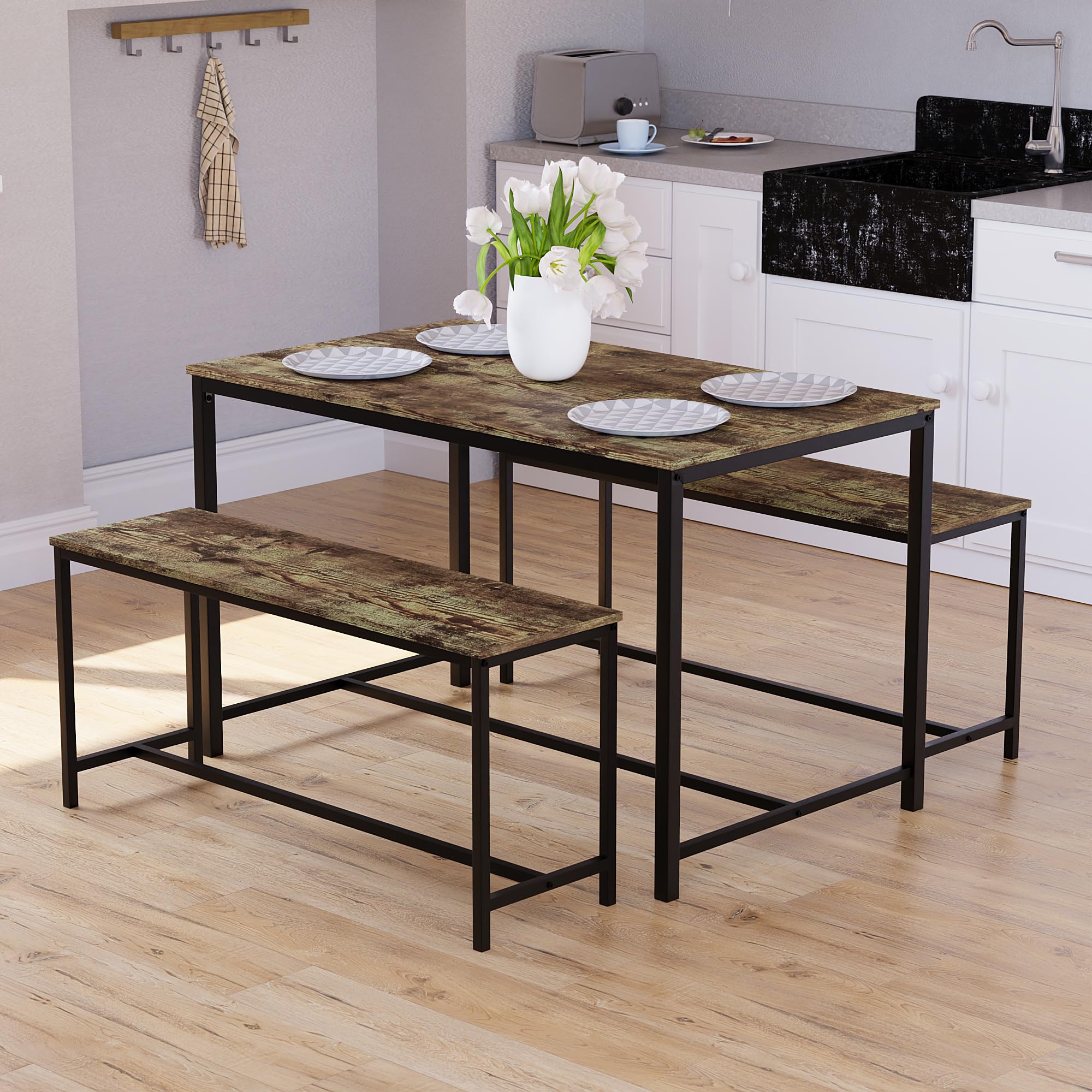 Vida Designs Brooklyn 4 Seater Dining Set 3 Piece Table & Bench Set Industrial Dining Room Furniture (Dark Wood)