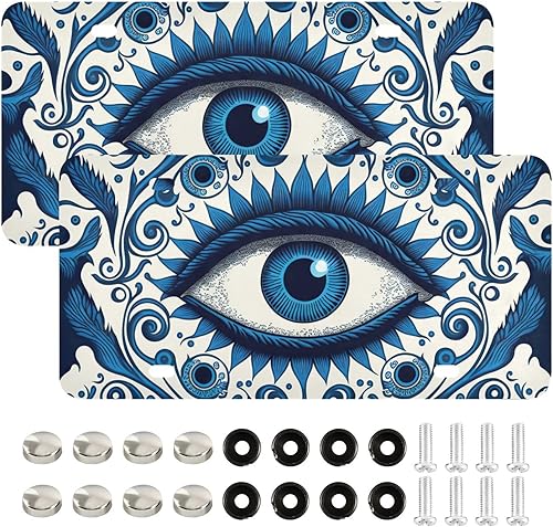 Miniatura 2 de Placa de matrícula (ojo malvado azul), placa de metal para automóvil con impresión elegante, placa frontal decorativa de aluminio con tornillo,